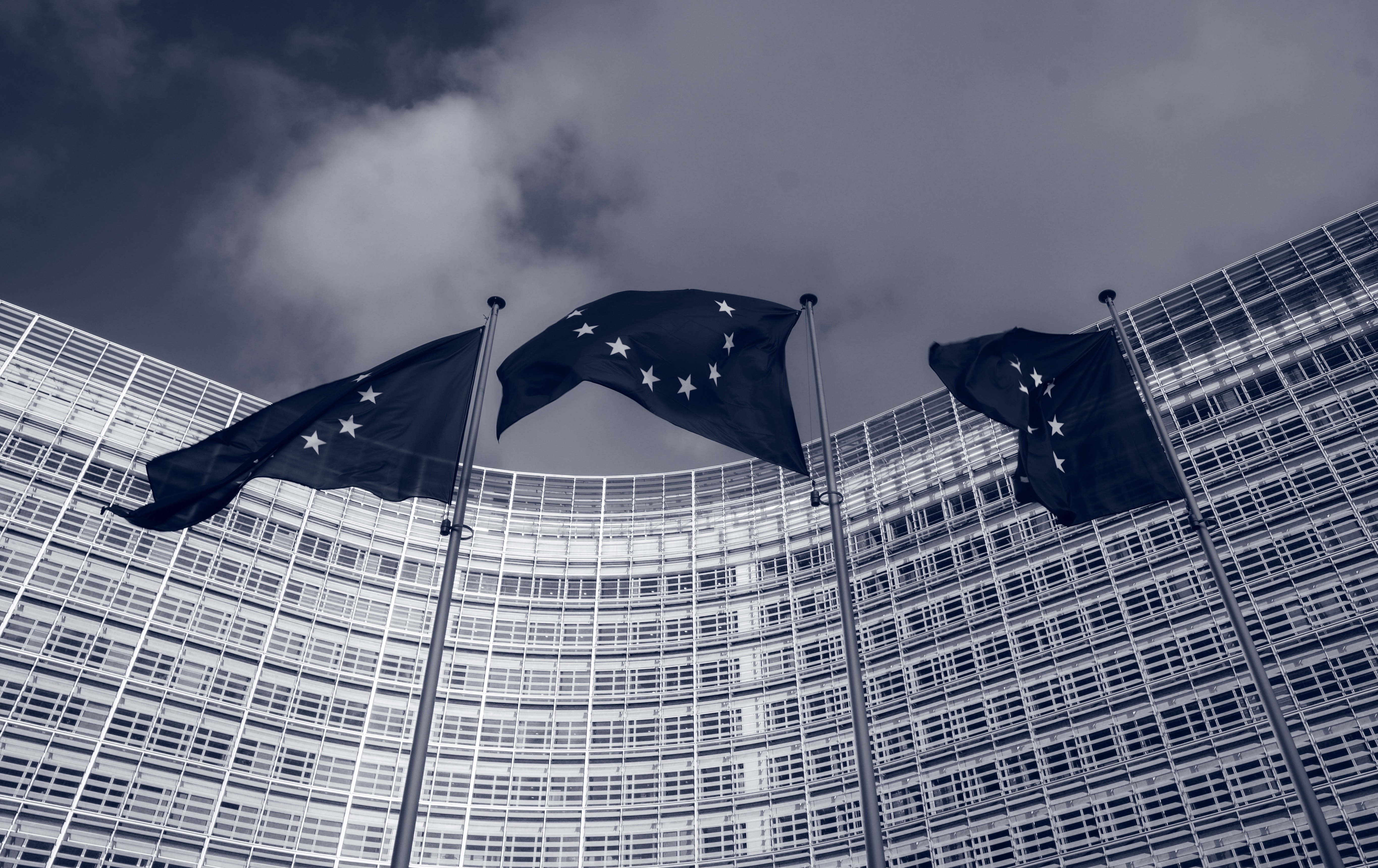 Flags of the European Union in front of the EU-commission building "Berlaymont" in Brussels, Belgium