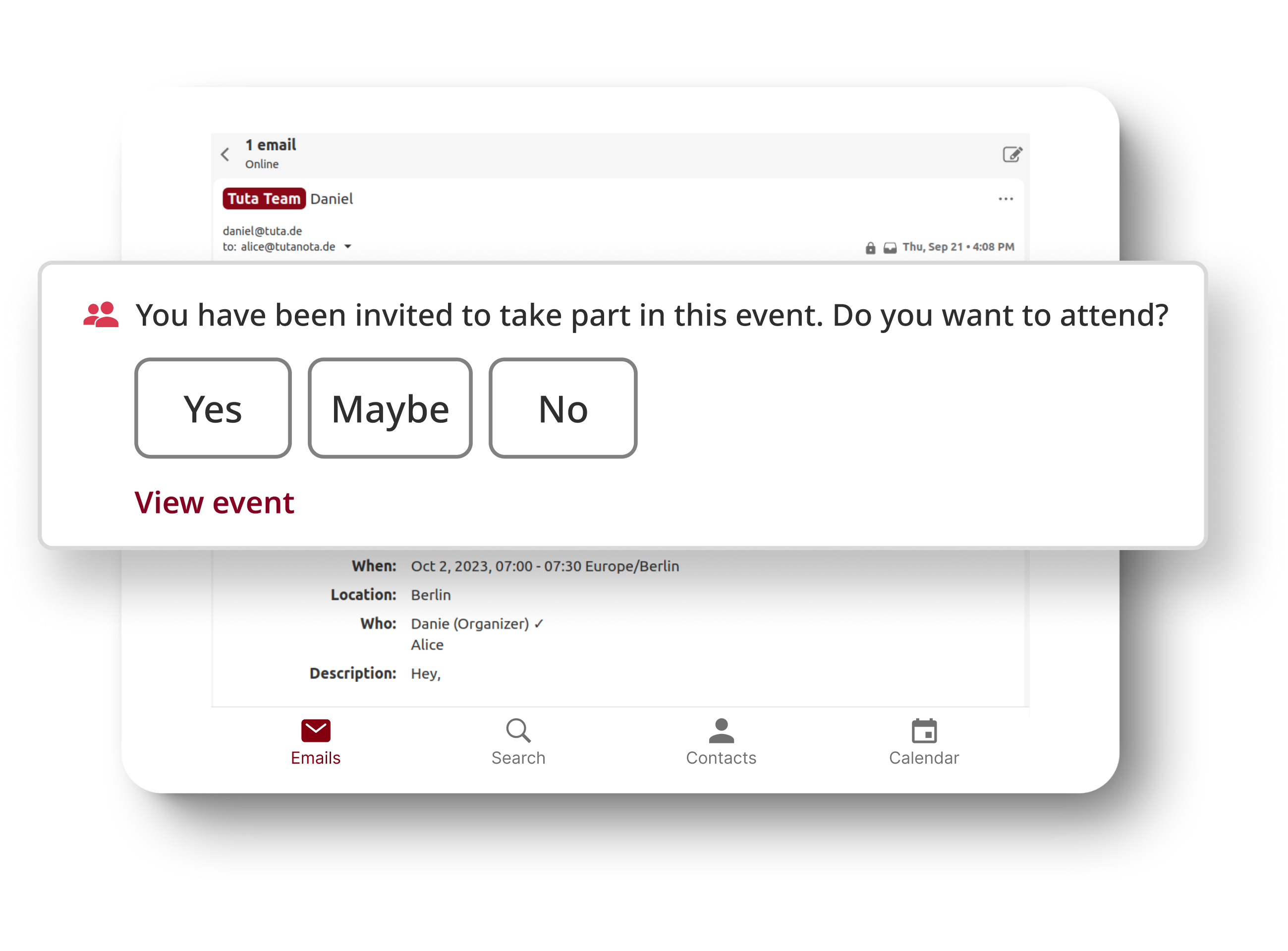 Tablet showing an email opened with calendar invitation details. In front is an enlarged notification to respond to a calendar invitation in Tuta Mail.