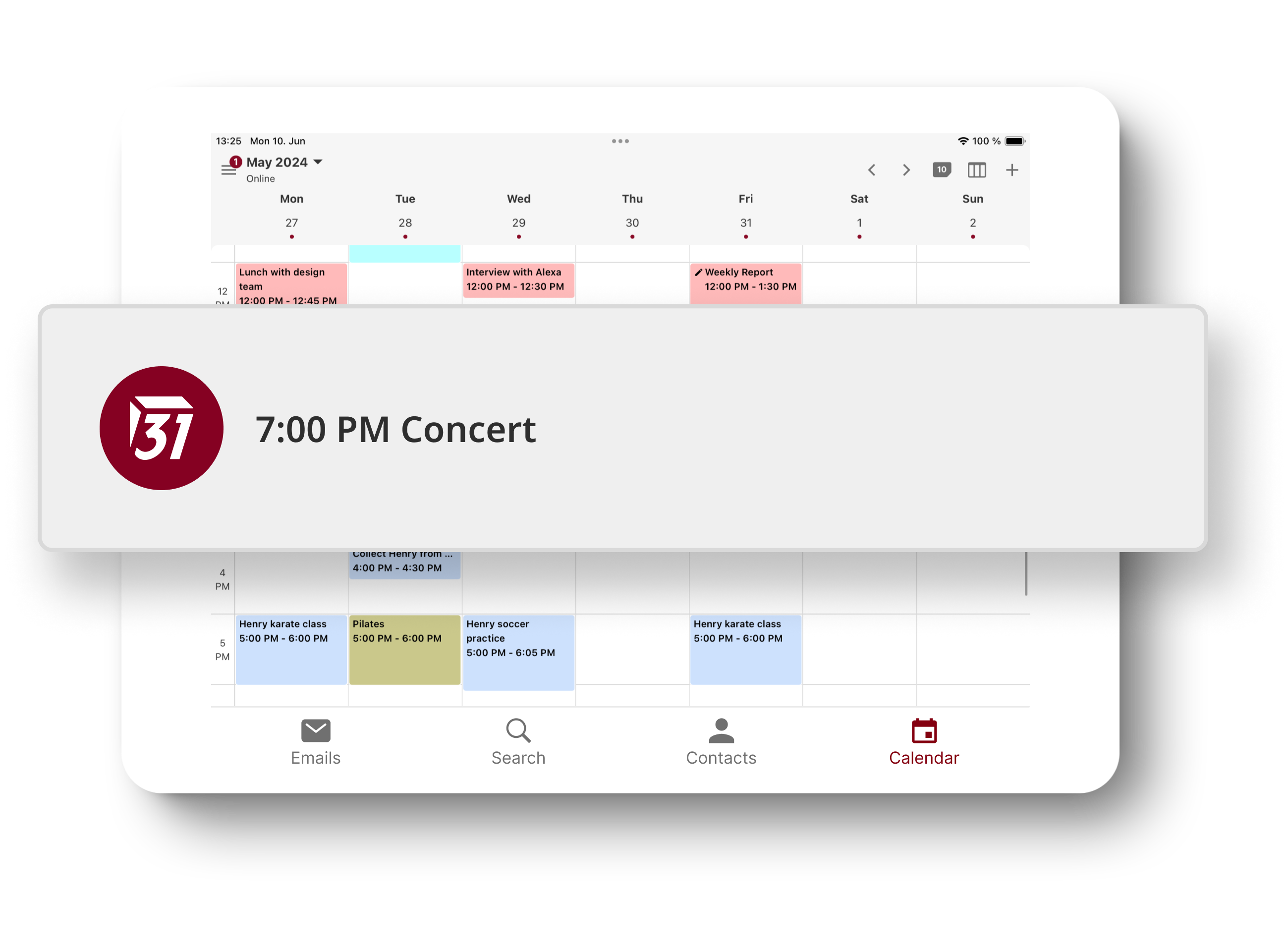 Tablet displaying Tuta Calendar in week view. In front is an enlarged event notification, informing about an upcoming concert.