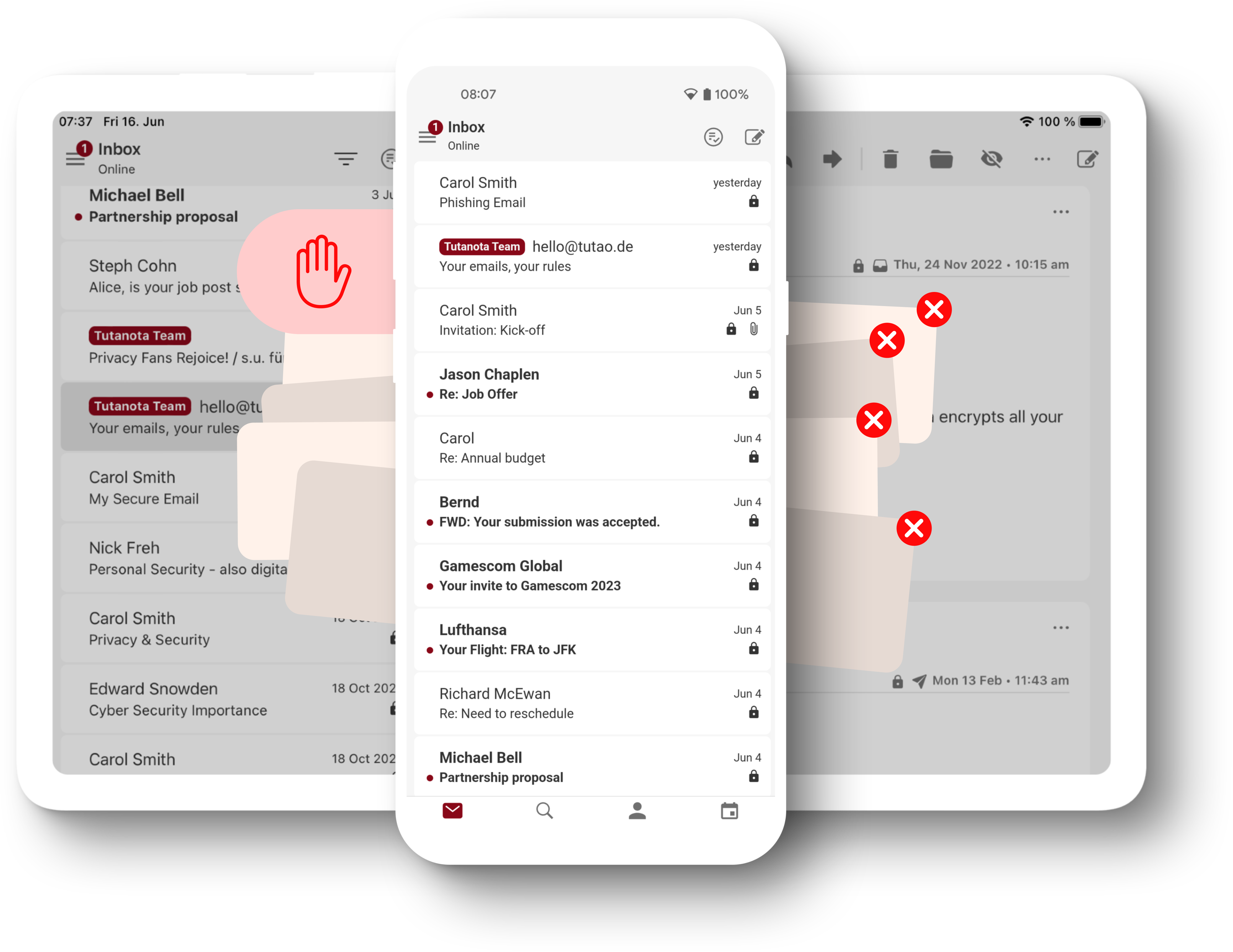 Compositie van een tablet met een telefoon ervoor. Op beide apparaten is de Tuta Mail-app geopend die de versleutelde mailbox van Tuta weergeeft. Tussen de tablet en telefoon staat een afbeelding van pop-upadvertenties met een rode sluitknop die de reclamevrije interface van Tuta symboliseert.