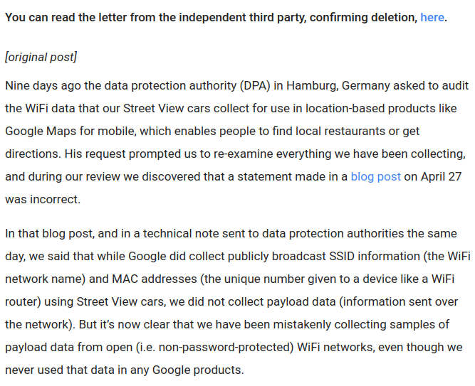 A screenshot of Google's official response to WiFi data collection.