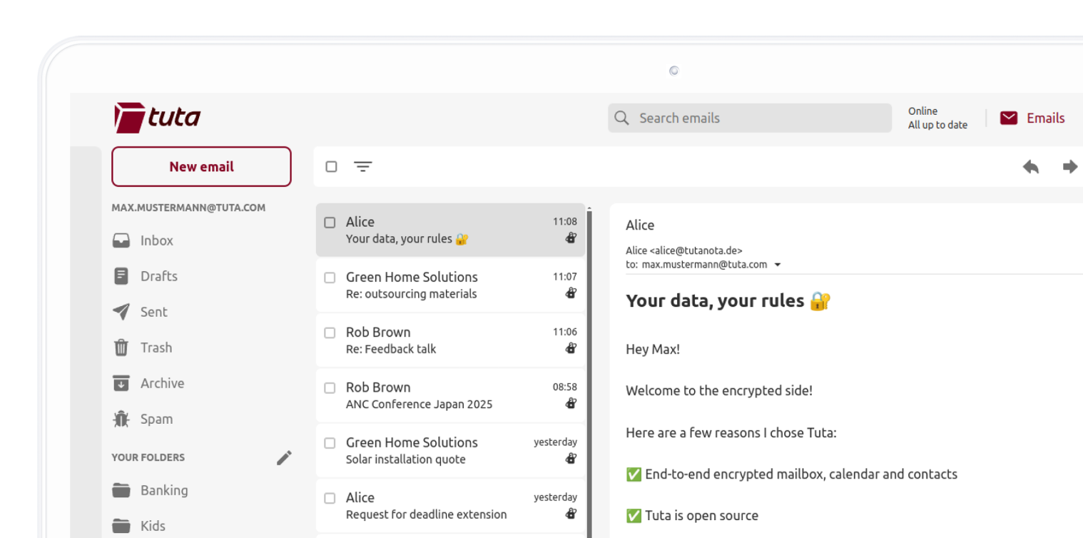 Laptop screen with the Tuta Mail app opened, displaying the inbox and an opened email, the subject line read "Your data, your rules".