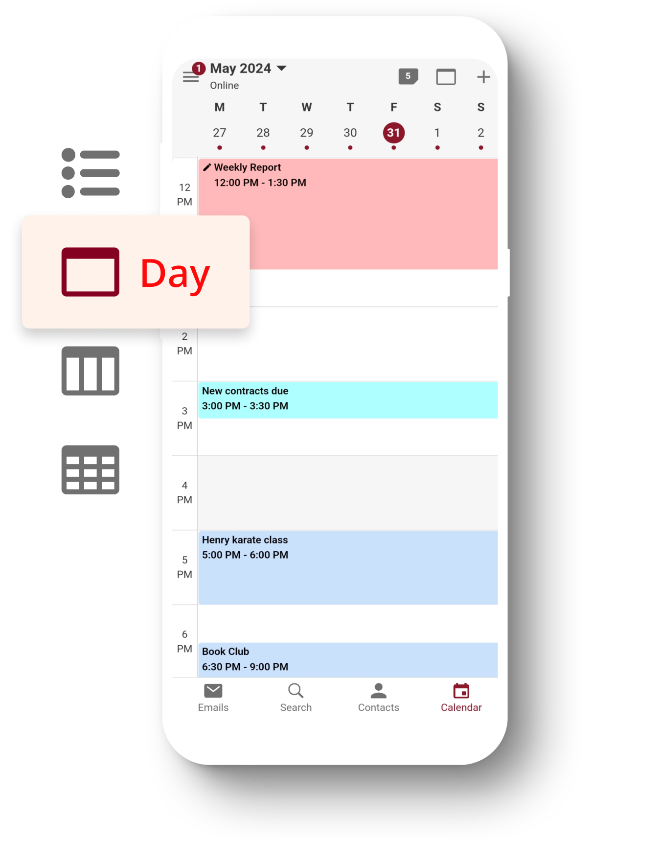 Teléfono mostrando el Calendario de Tuta en vista de semana con iconos ampliados en el lateral para simbolizar cómo el Calendario de Tuta es personalizable permitiéndole mantenerse organizado.