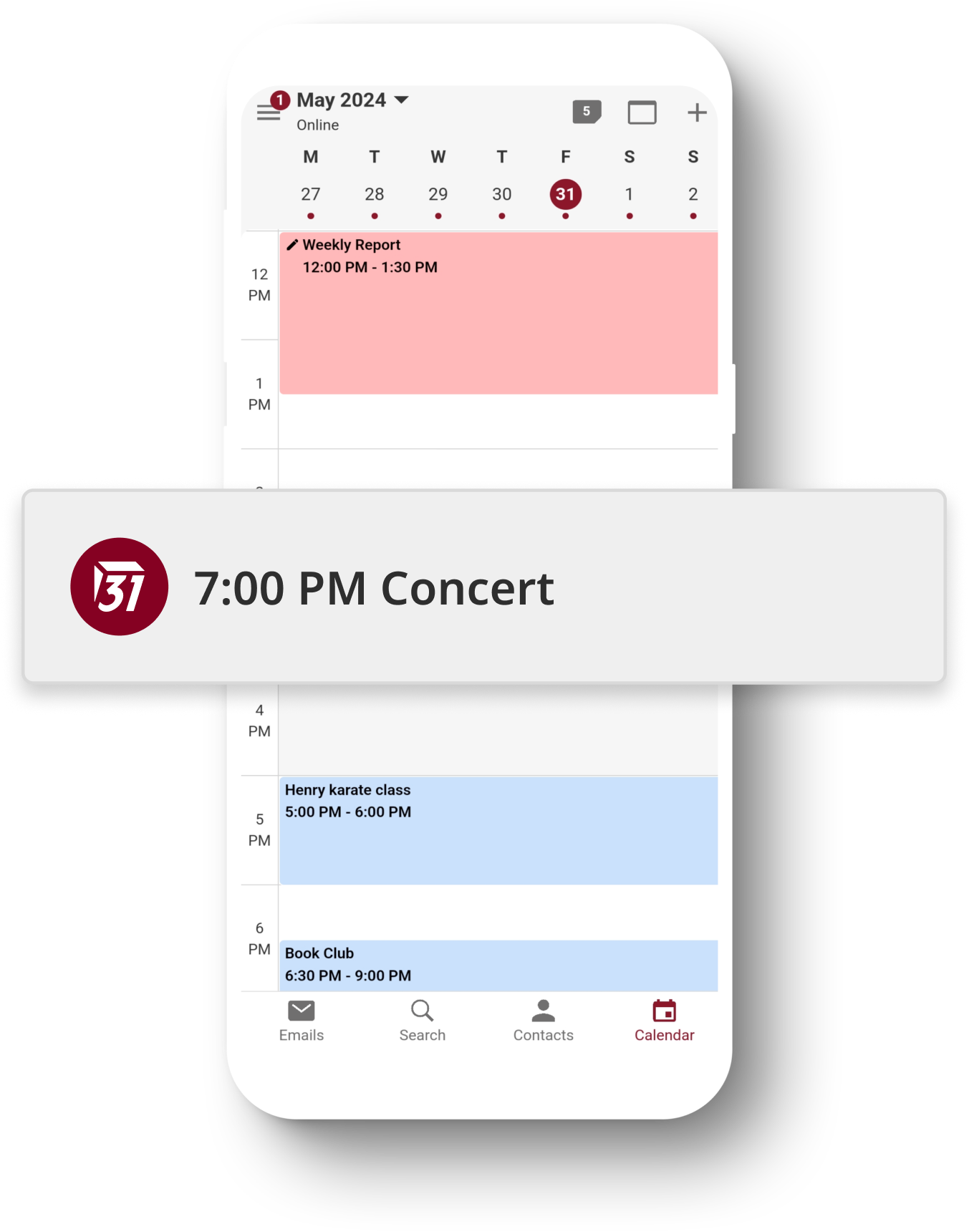 Teléfono mostrando el Calendario Tuta en vista semanal. Delante hay una notificación de evento ampliada, informando de un próximo concierto.