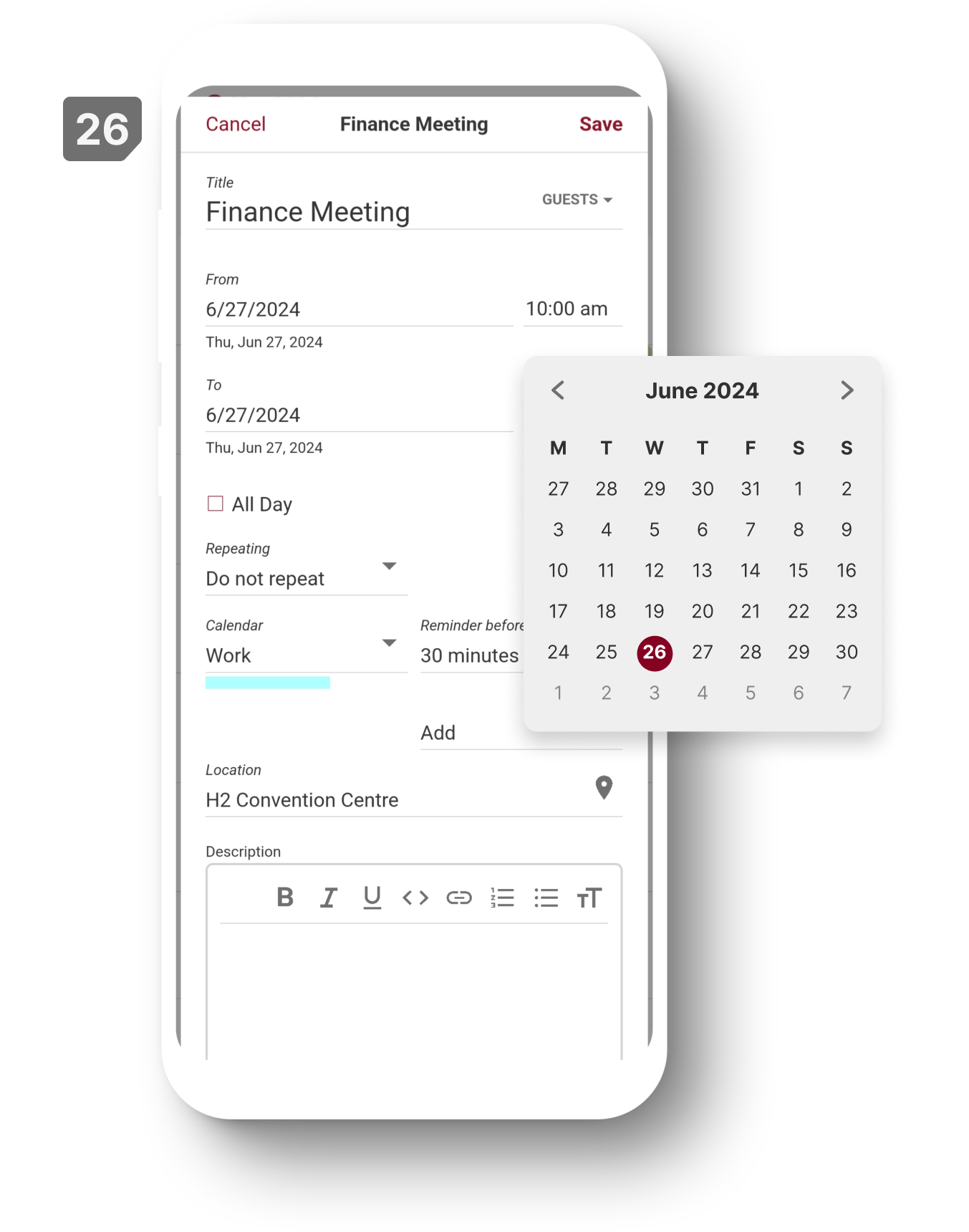 Phone showing how to create an event with Tuta's zero-knowledge calendar. In front is an enlarged date menu to choose the event's date.