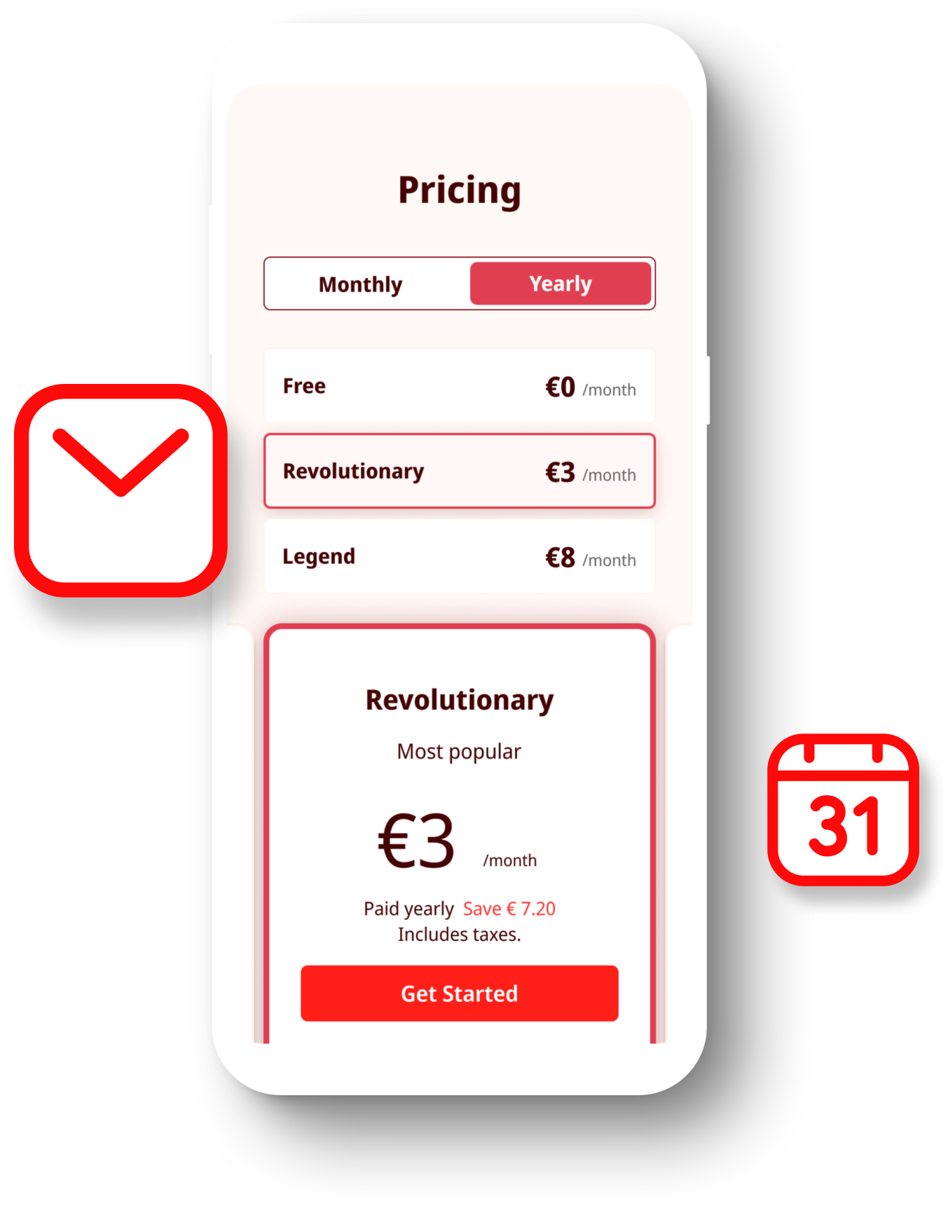 Phone displaying Tuta's pricing plans. Symbols for email and calendar are placed next to the phone.