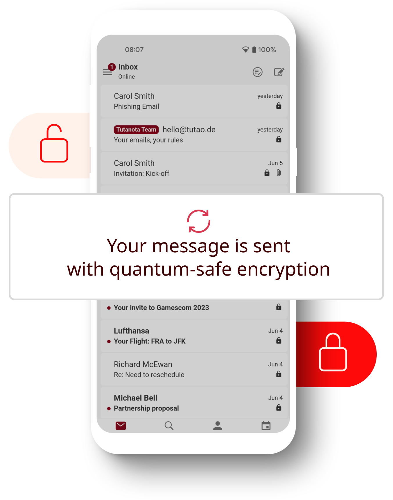 Phone with the secure Tuta Mail app open displaying the email inbox. Enlarged in front of the phone is a note saying "Your message is sent with quantum-safe encryption".