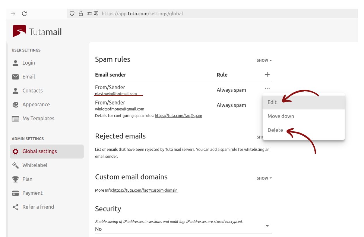 Review blocked addresses in Tuta Mail.