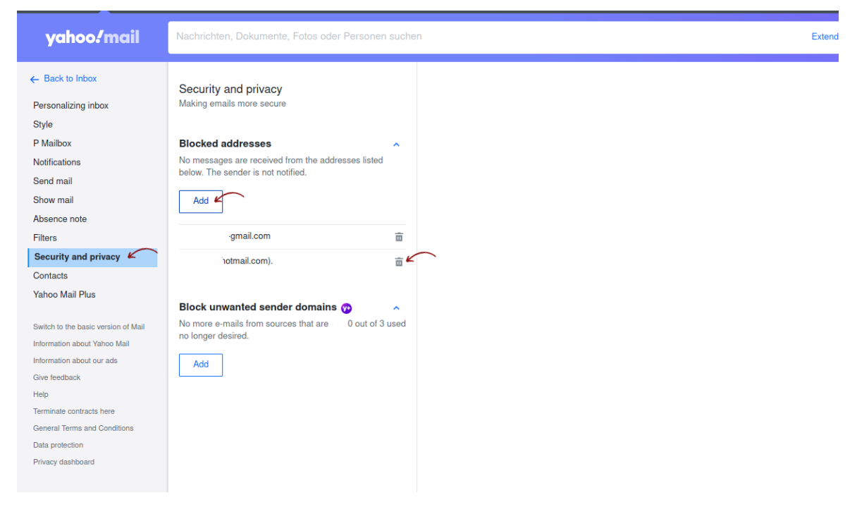 Gesperrte Adressen in Yahoo Mail überprüfen oder bearbeiten.