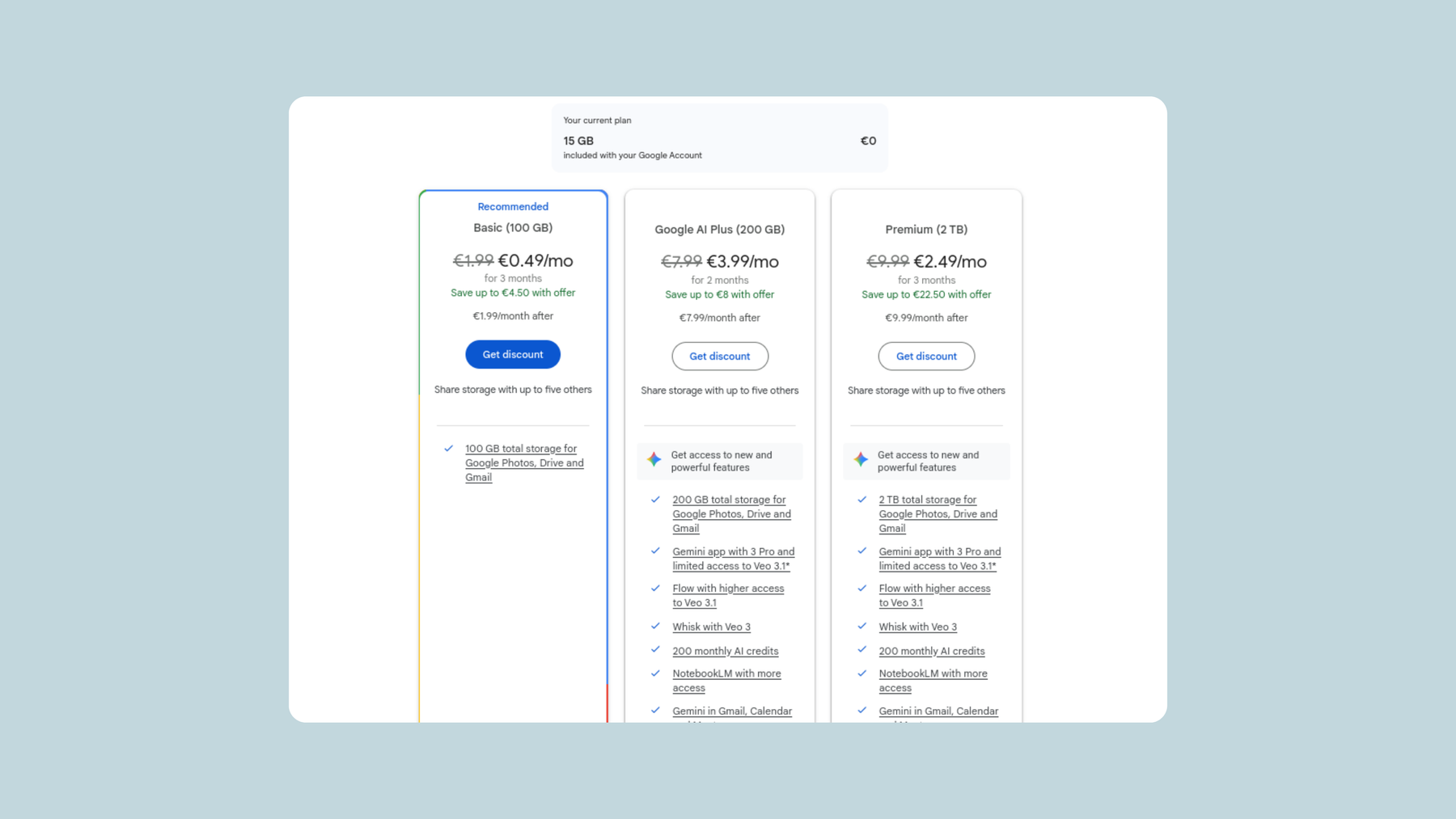 Google One plans in 2026: Basic, Google AI Plus and Premium.