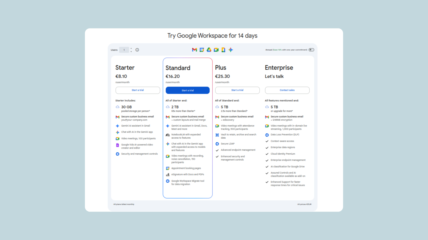 Google Workspace plans for 2026: Starter, Standard, Plus, and Enterprise.