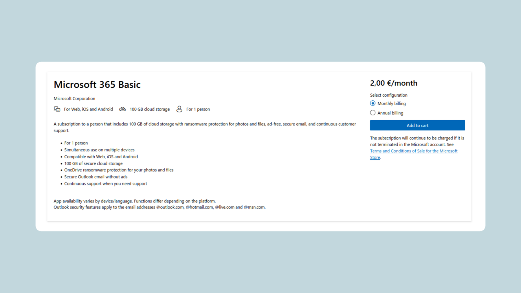 Microsoft Outlook prices for 2026 for the Microsoft Basic Plan.