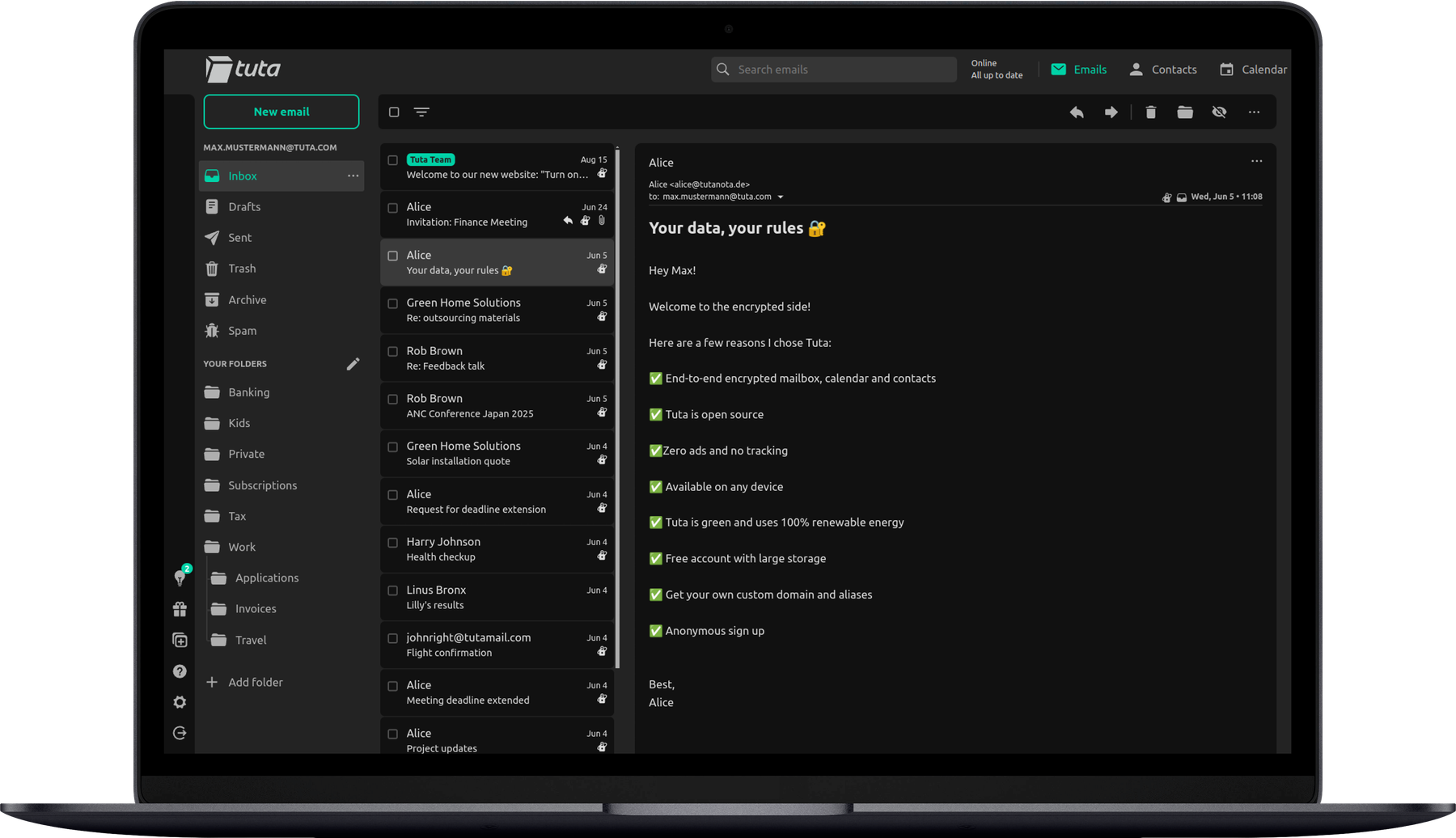 Tuta Mail on the desktop in dark mode: Your emails, your rules.