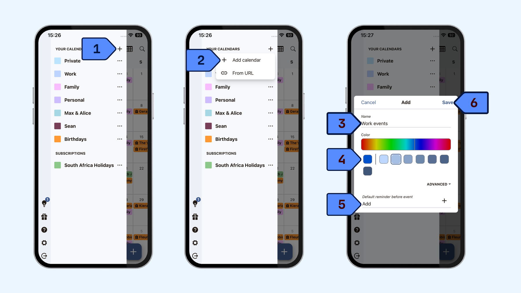 Steps to add calendars in the Tuta Calendar app on mobile: Click on the burger menu in the top left corner, next to Your Calendars click on the +, click Add calendar, add a calendar name & choose a calendar color. Under advanced, choose a default reminder for events in this calendar, click Save.
