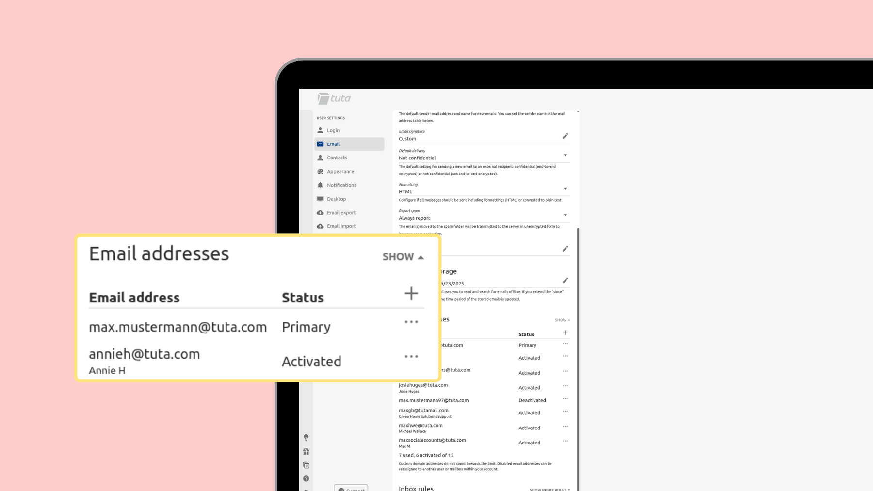 How to add an alias to your Tuta account: under email settings go to email addresses.