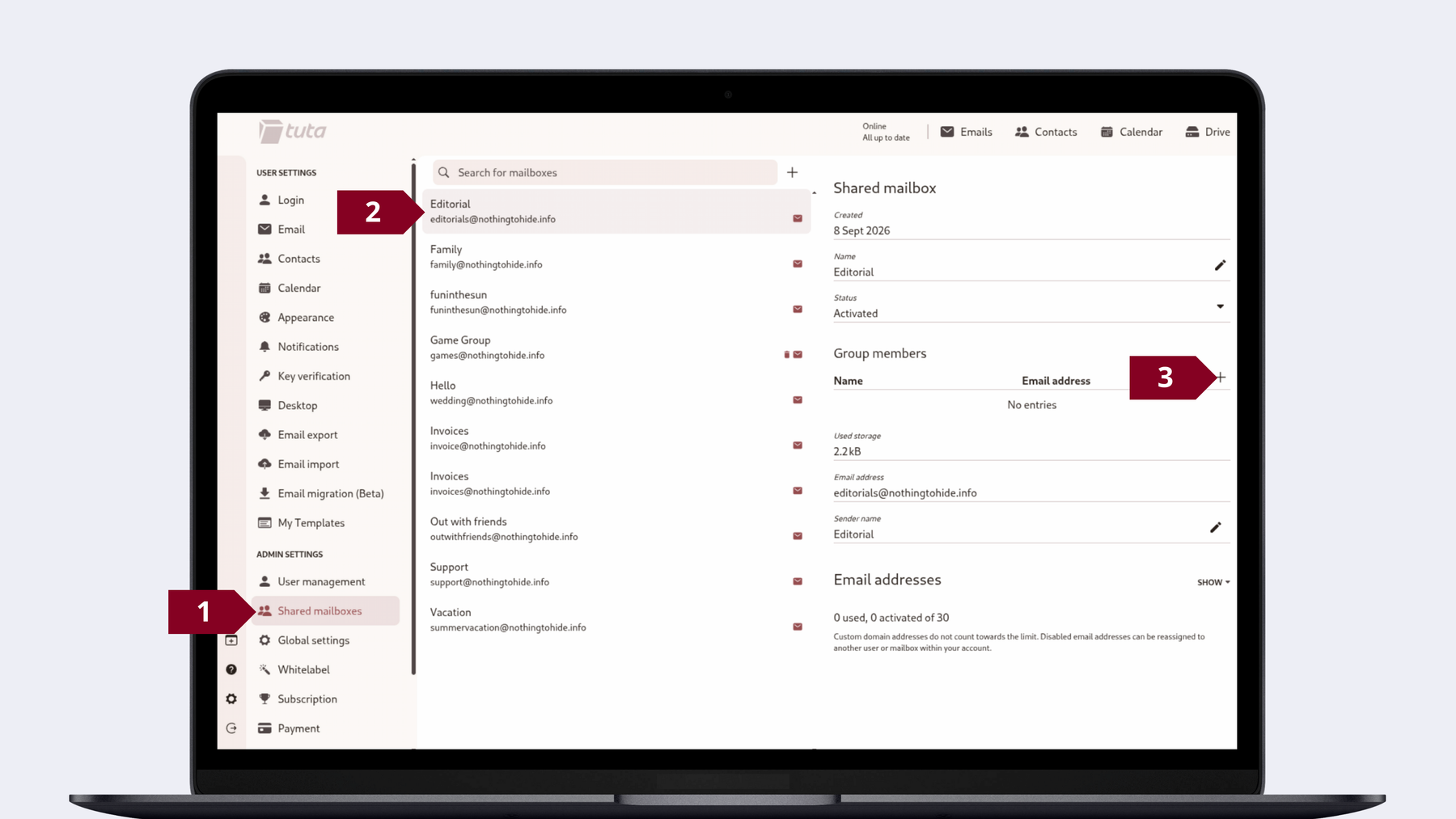 How to add users to a shared mailbox: Under Admin settings go to User management, click on the mailbox you want to share, under Group members click on the ‘+’ to add a user.