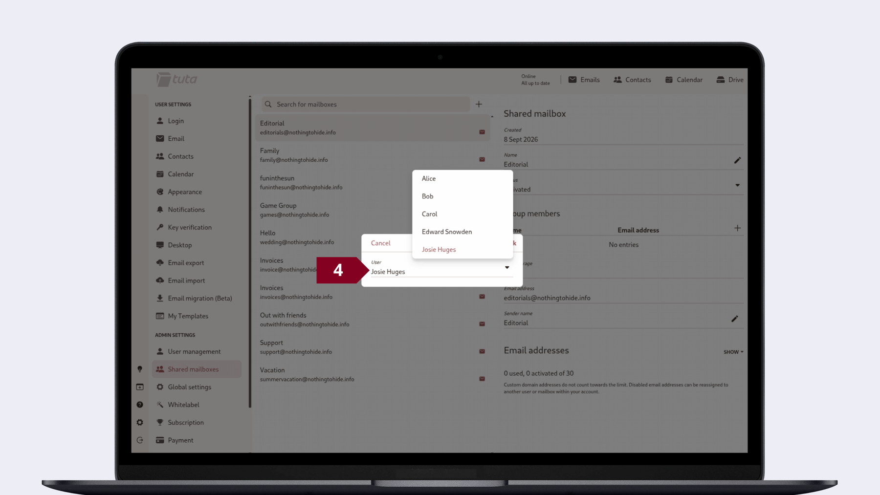 How to add users to a shared mailbox: Click on the arrow next to user and select the user you want to grant access to the shared mailbox, click ‘Ok’.