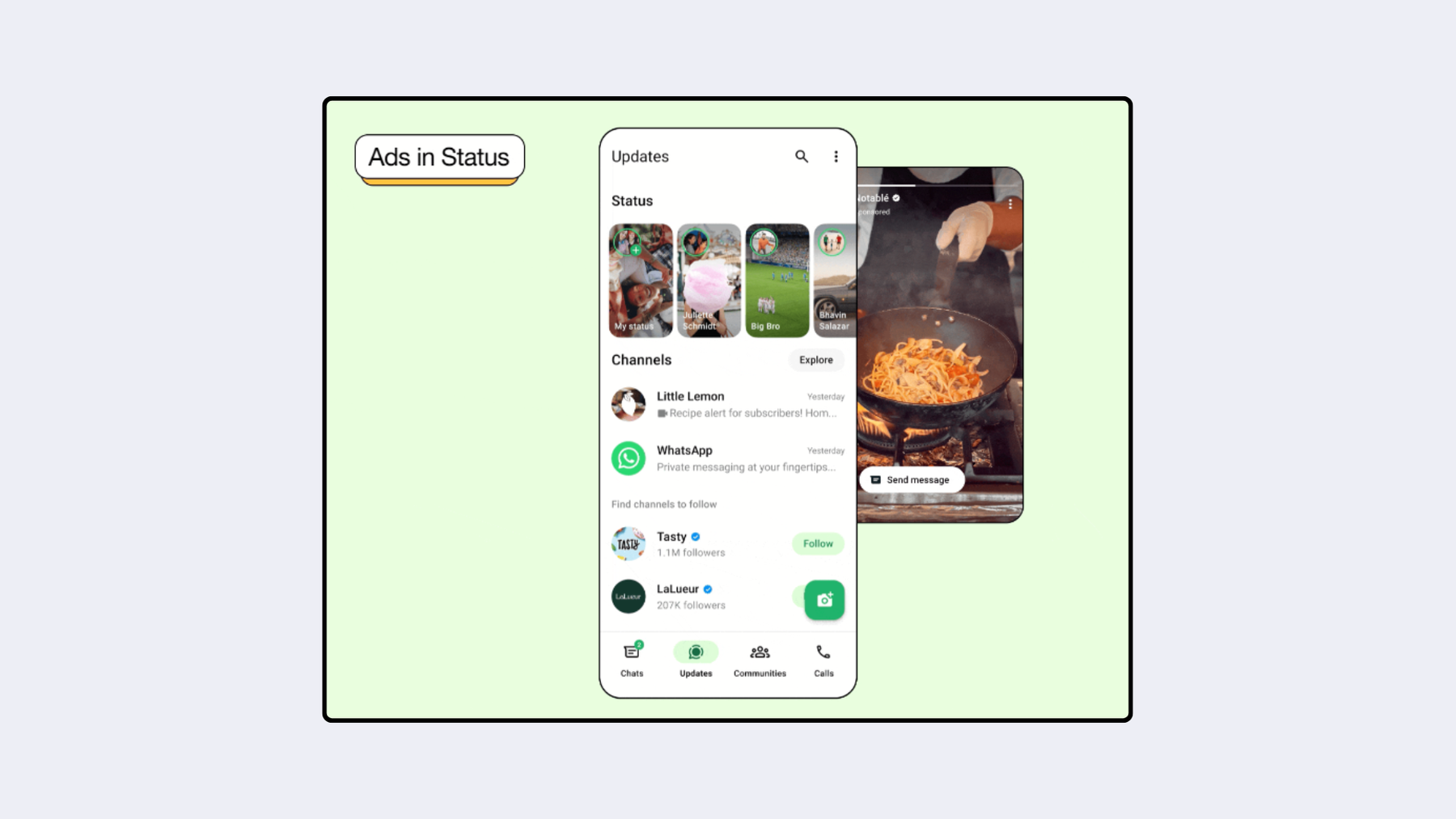 Screenshot from WhatsApp blog of new app interface with ads in the status section.