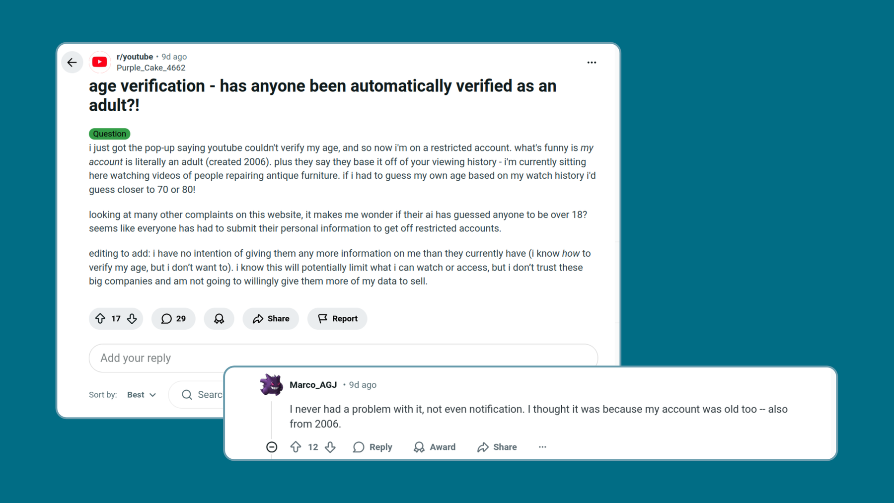 Screenshot of Reddit user’s post in the YouTube Subreddit: Age verification - has anyone been automatically verified as an adult?!