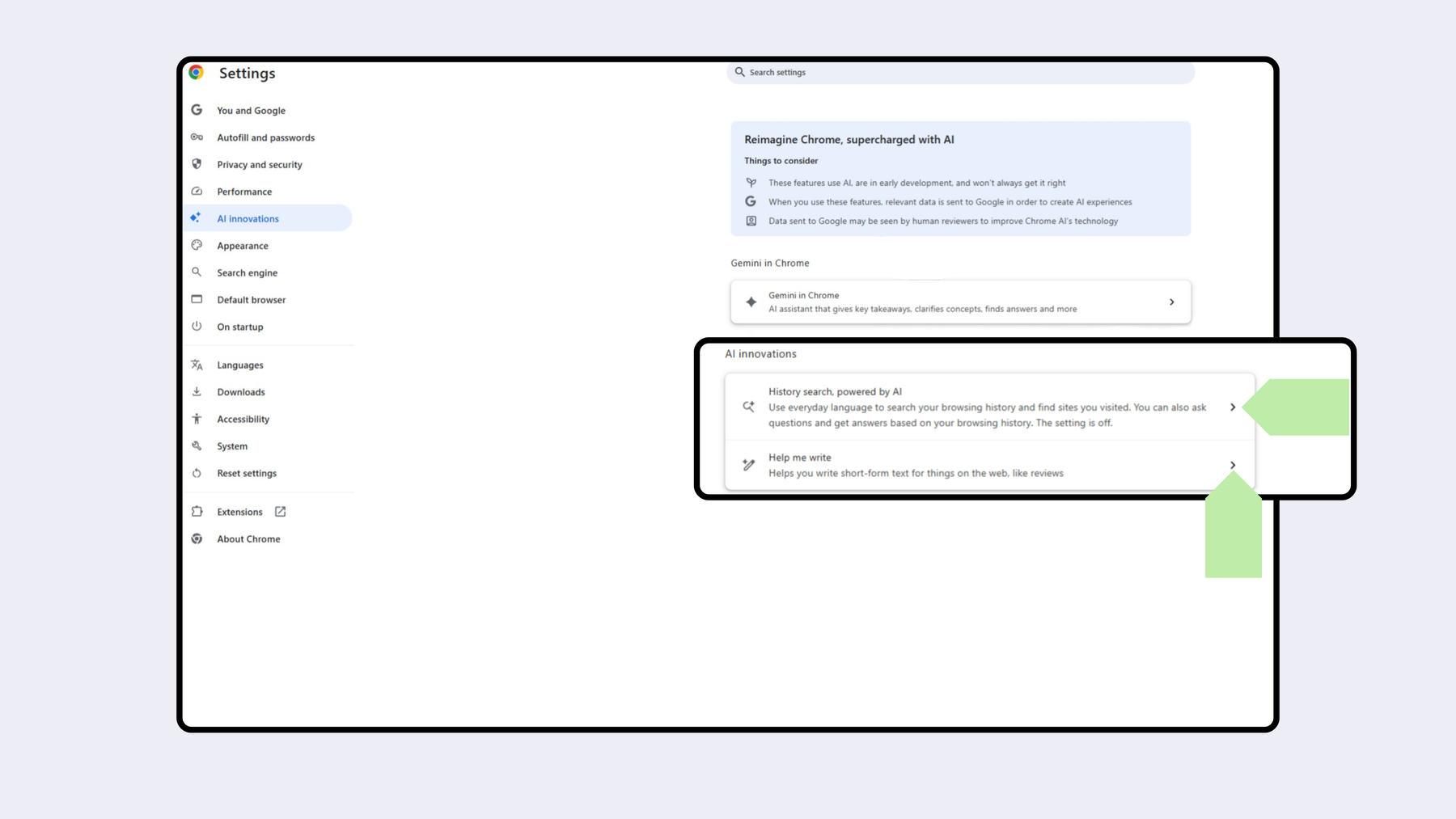 Gemini AI im Chrome-Browser deaktivieren: Gehen Sie zu „Ai innovations“, klicken Sie auf „History search, powered by AI“ und deaktivieren Sie diese Option. Gehen Sie zu „Help me write“ und deaktivieren Sie diese Option.