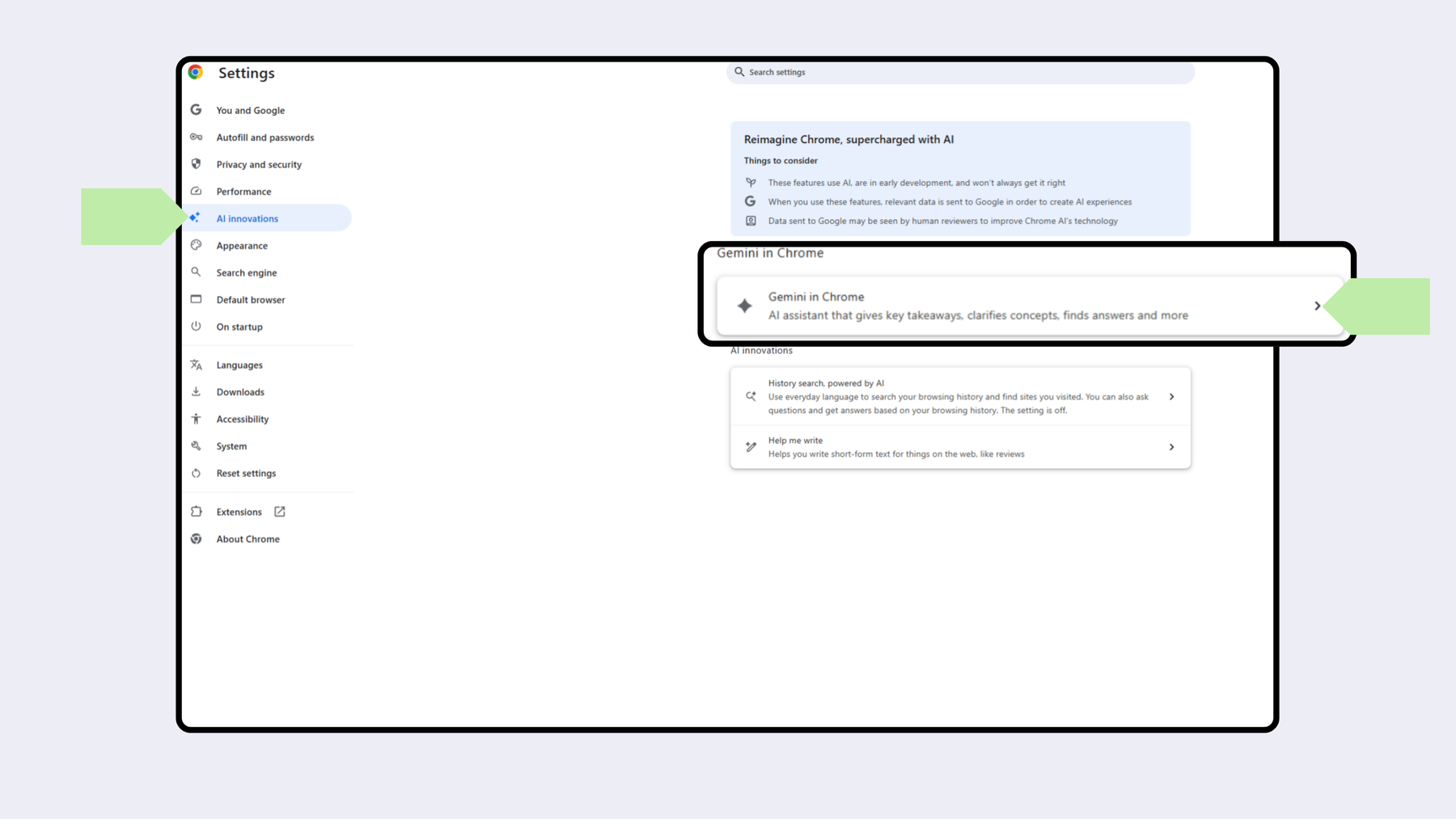 Switch off Gemini AI in Chrome Browser: go to AI innovations, Click Gemini in Chrome and toggle off these settings.