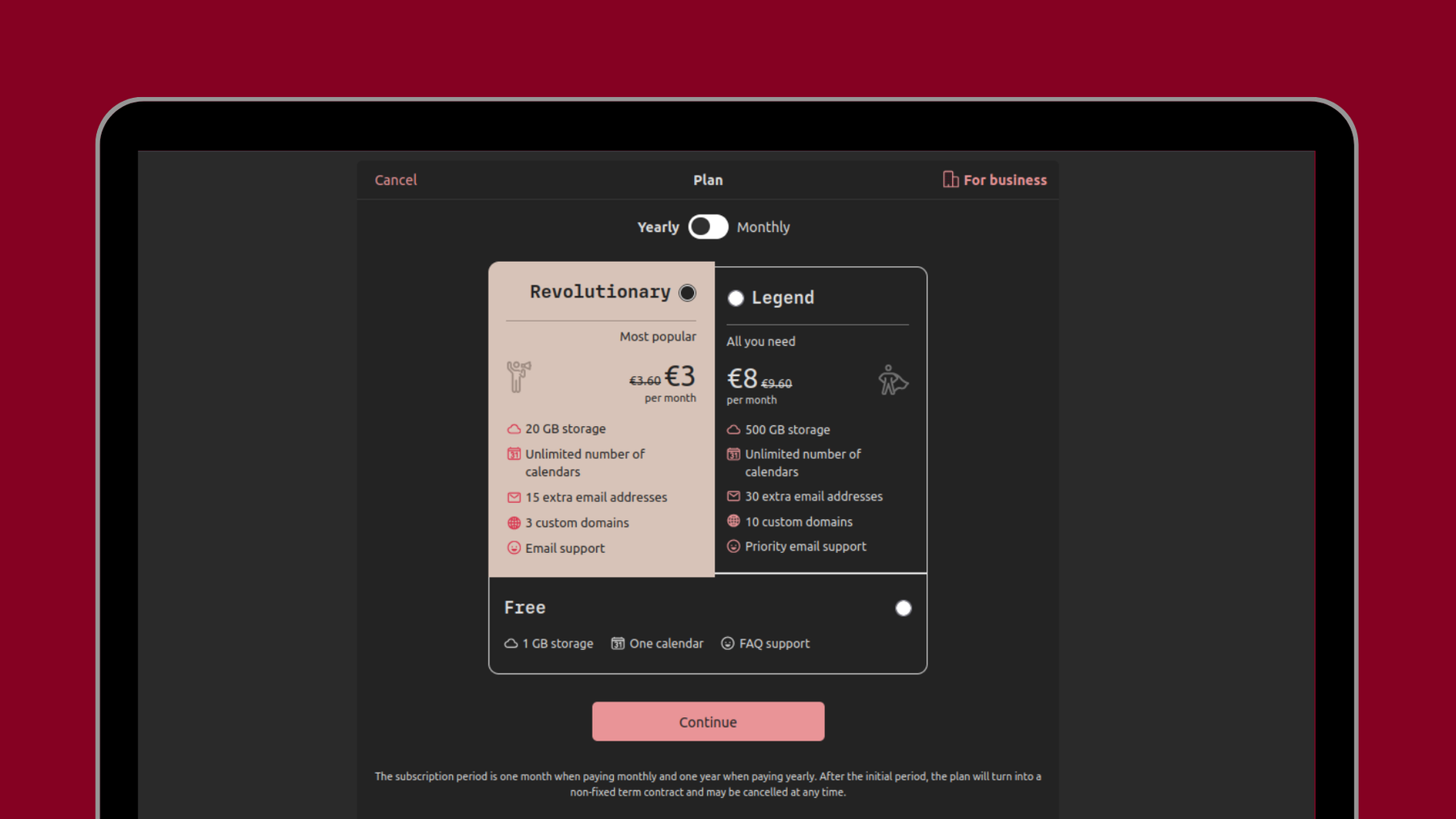 Login page of the anonymous email Tutanota: choose a free or paid Tuta Plan.