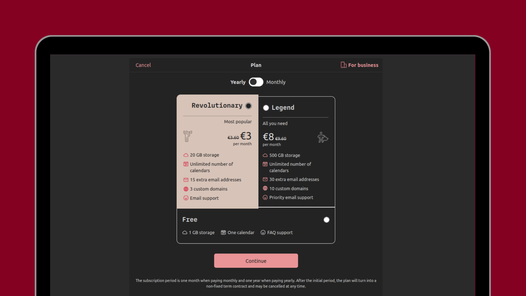 Login page of the anonymous email Tutanota: choose a free or paid Tuta Plan.