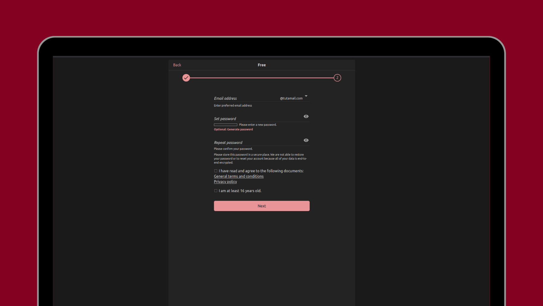 Screenshot of sign up for Tutanota: choose an email address and then create a strong password.