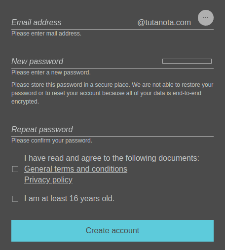 Screenshot of sign up for Tutanota.