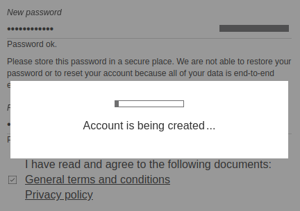 Screenshot of the progress bar after registration: Account is being created.