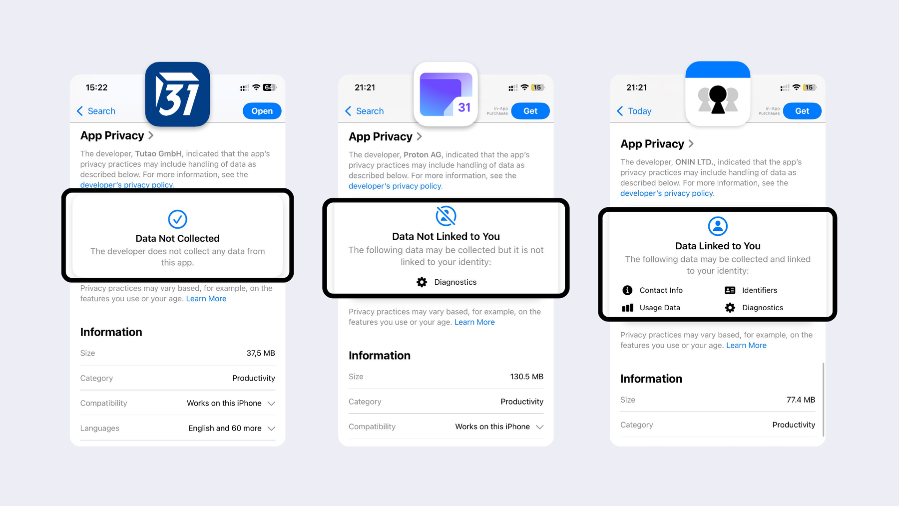 App privacy: Tuta Calendar: data not collected. Proton Calendar: data not linked to you. OurCal: data Linked to you.