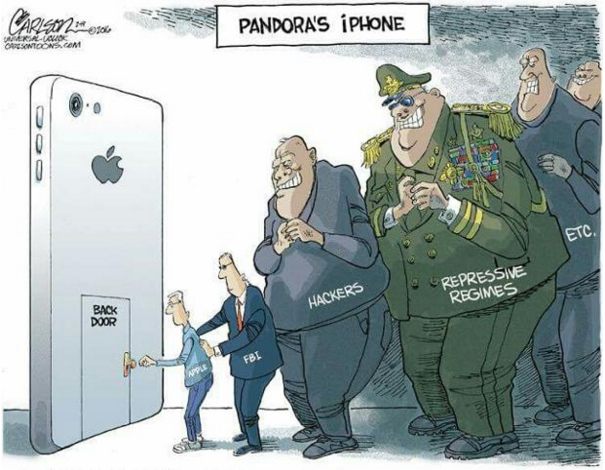 Comic showing Apple CEO Tim Cook unlocking the iPhone while the FBI, hackers, repressive regimes and more stand in line to get access to the decrypted data.