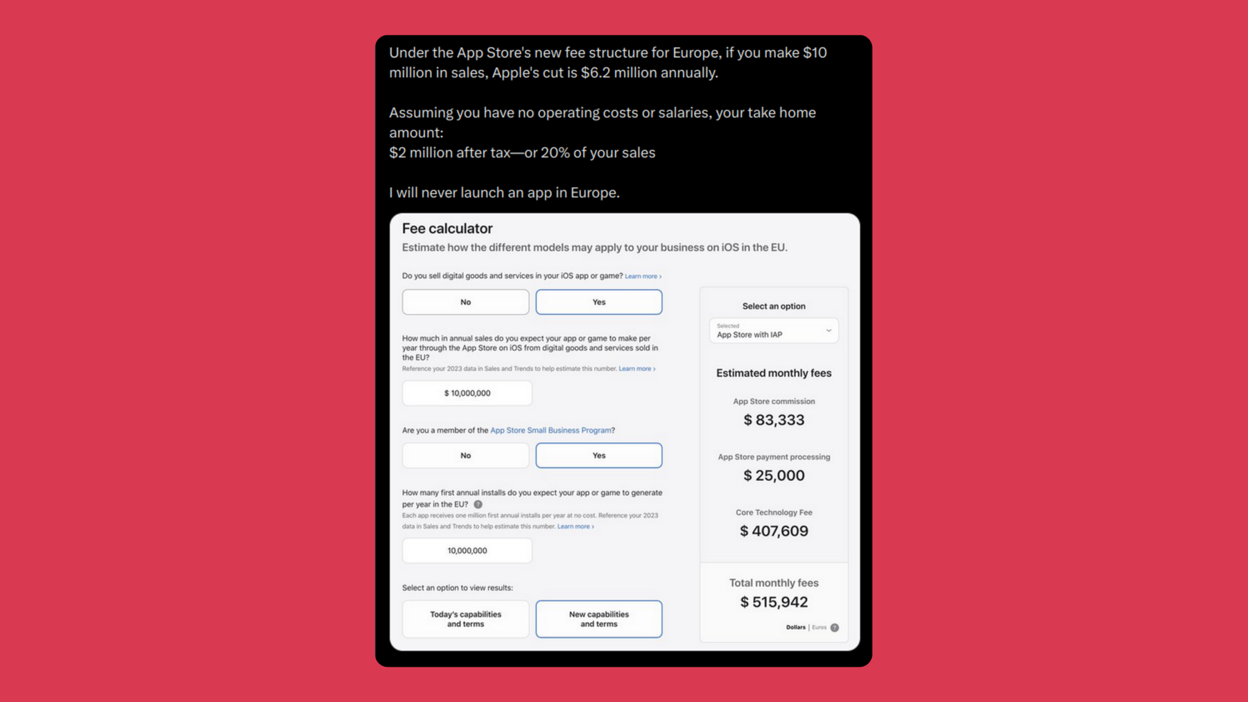 Apple’s heavy fees punish small developers for wishing to publish their software their way.