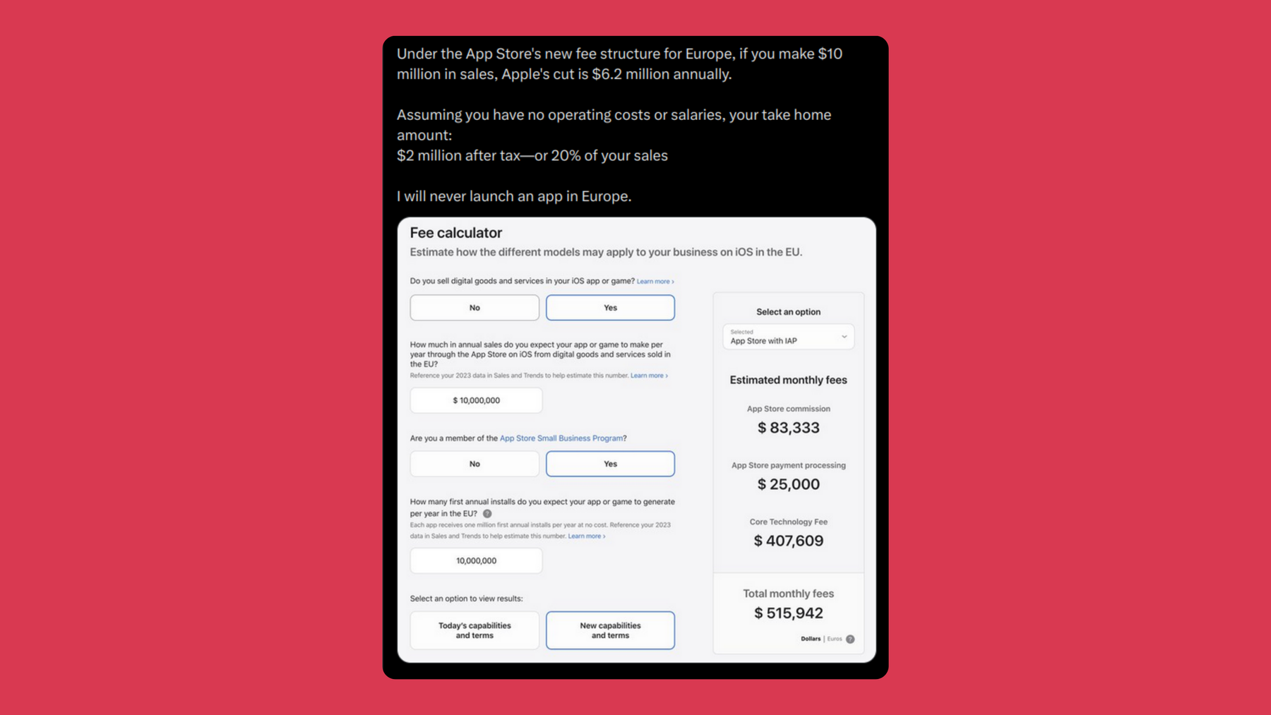 Apple's heavy fees punish small developers for wishing to publish their software their way.