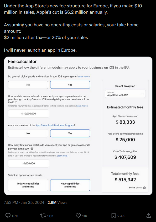 Apple's heavy fees punish small developers for wishing to publish their software their way.