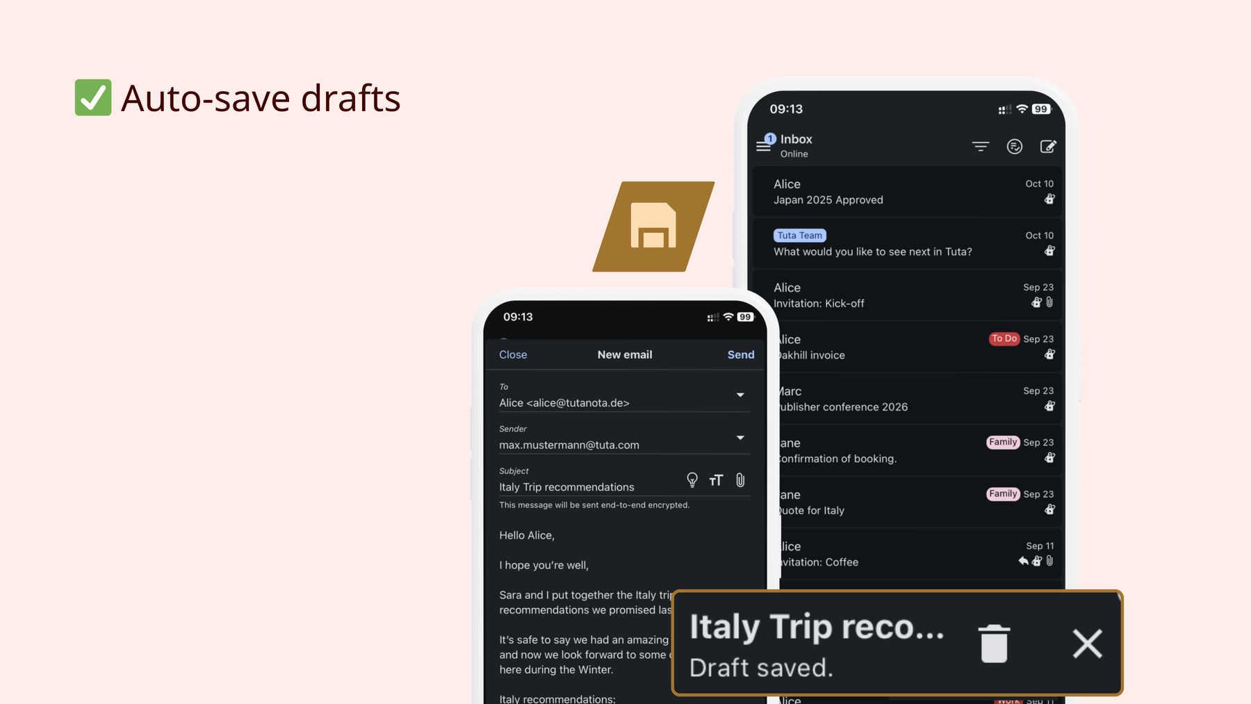New feature in Tuta Mail: Auto-save drafts.