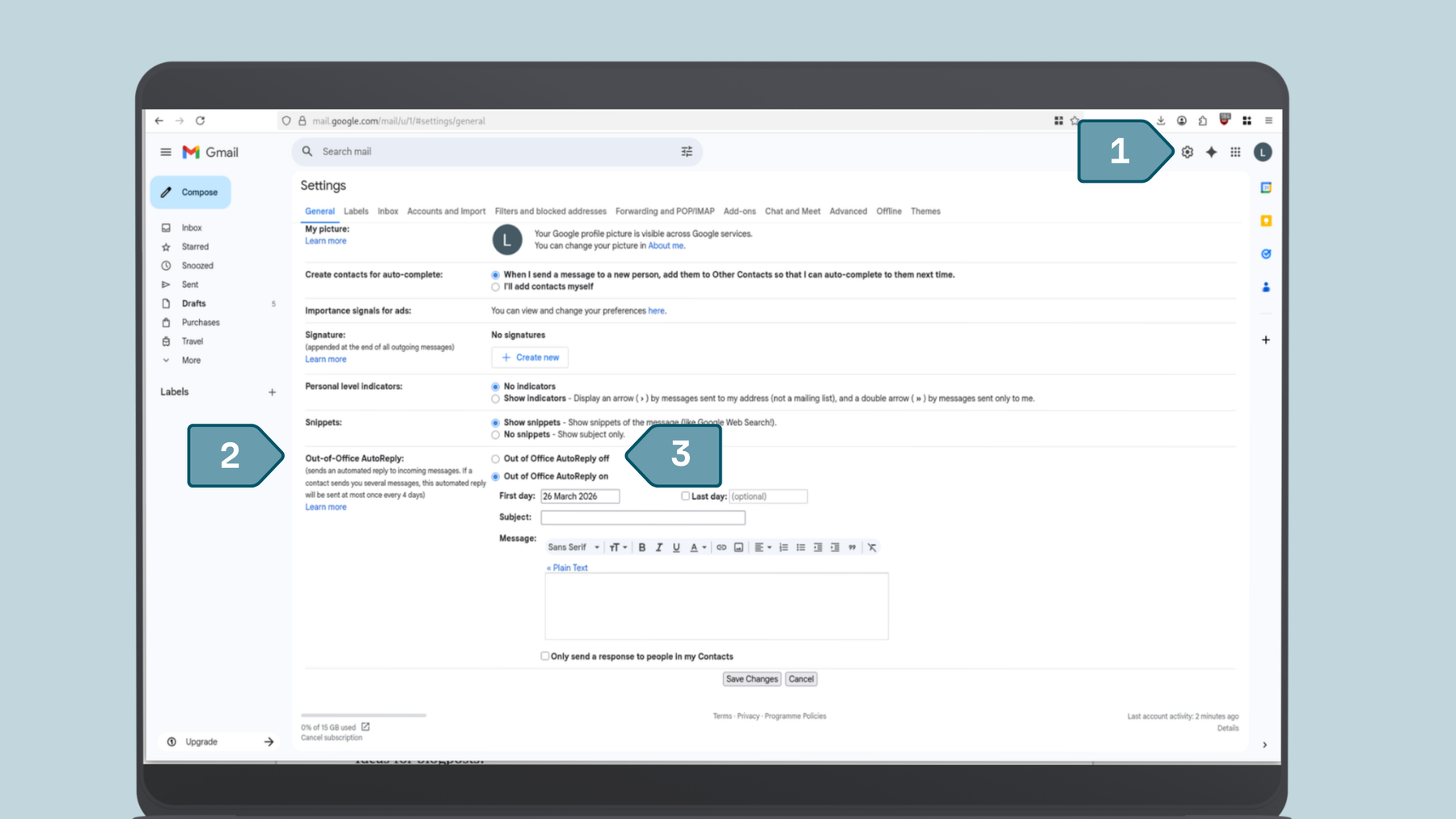 Screenshot from Gmail how to set up automatic reply, Step one: Go to Settings and then Out-of-Office Auto Reply, step two: choose whether to have Out-of-Office Auto Reply on or off, step three: personalize your automatic reply and save your changes.
