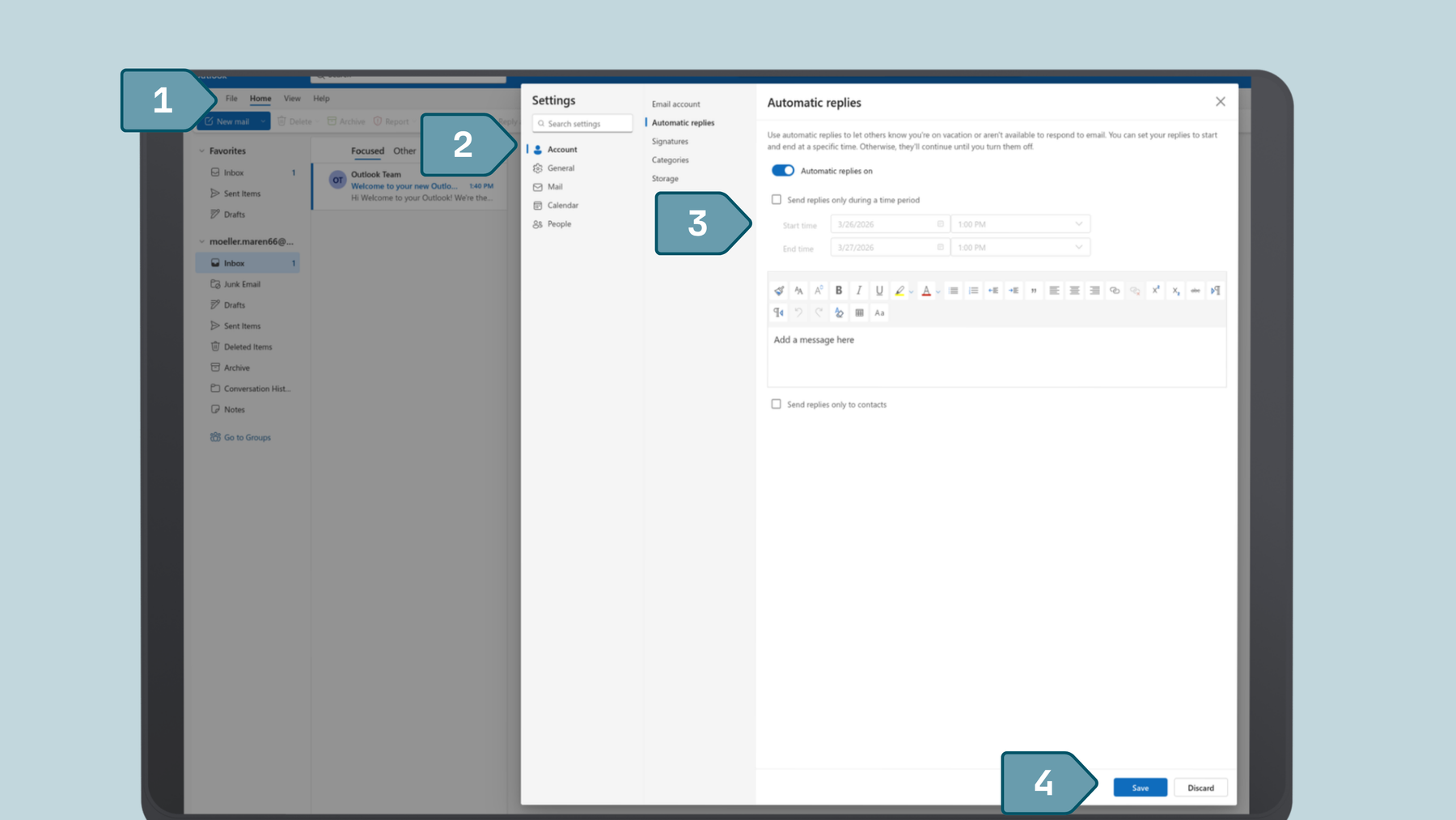 Screenshot from Outlook how to set up automatic reply, Step one: Select File and Account info, step two: click on automatic replies, step three: customize your automatic reply and save your changes.