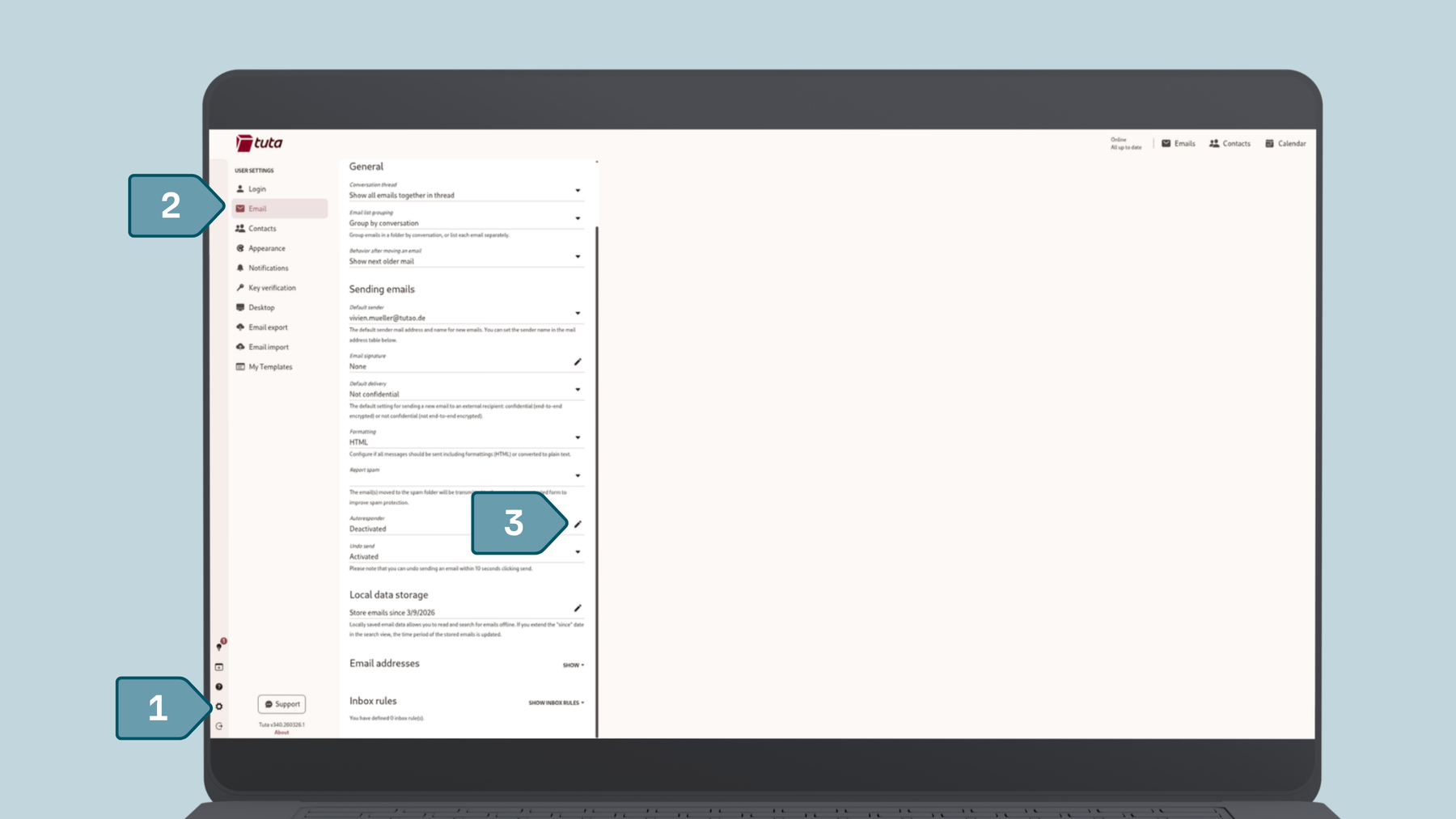 Screenshot from Tuta Mail how to set up automatic reply, Step one: Go to Settings and then to the email section, step two: in the section of Autoresponder you can de- or activate your automatic reply.