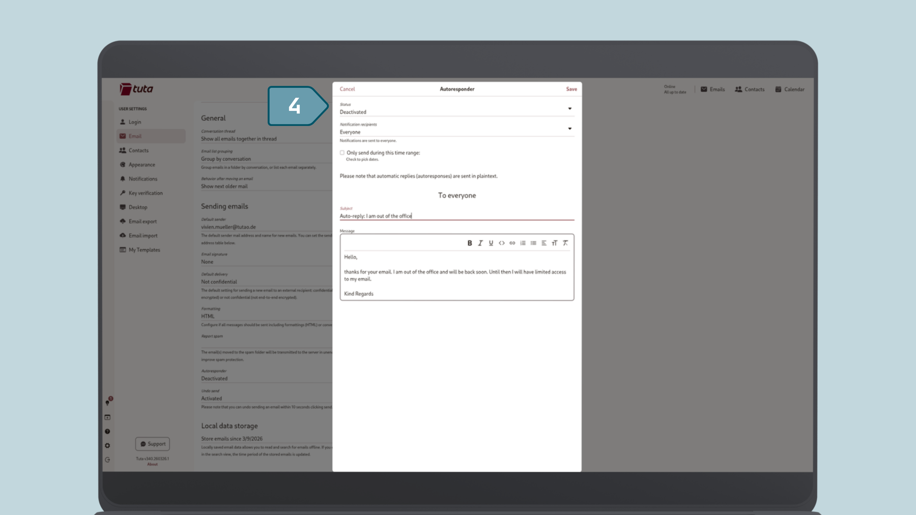 Screenshot from Tuta Mail how to set up automatic reply, Step three and four: personalize your automatic reply and save your changes.