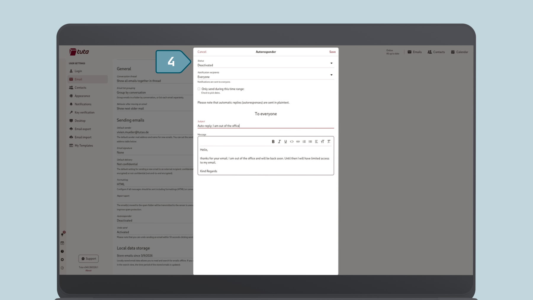 Screenshot from Tuta Mail how to set up automatic reply, Step three and four: personalize your automatic reply and save your changes.