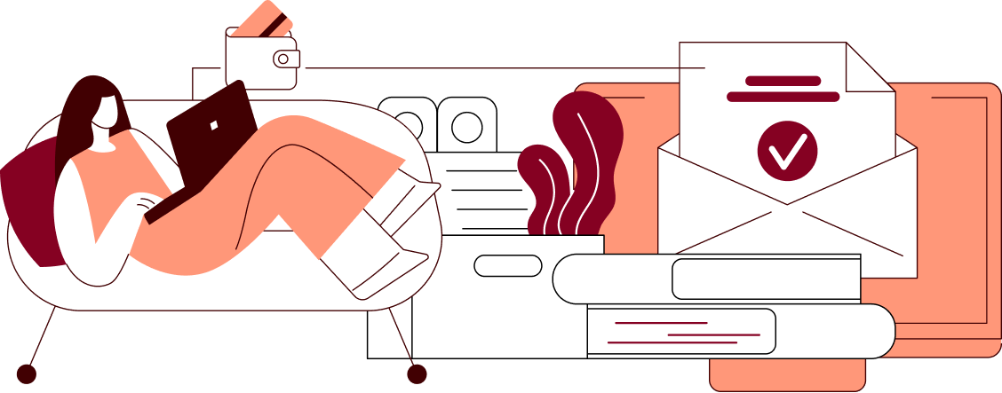 Illusztráció egy nőről, aki egy kanapén fekszik egy laptoppal. A nő mellett egy kinagyított boríték, amelyen egy levél jelenik meg.