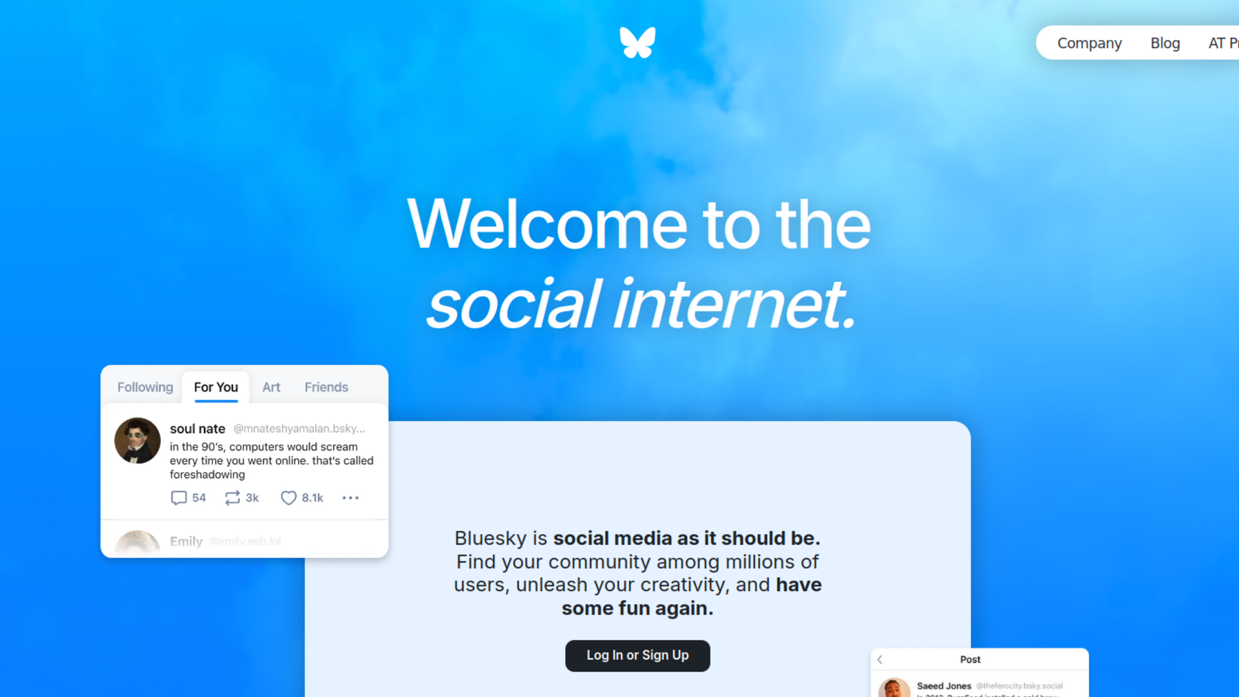 Screenshot of the BlueSky website: Welcome to the social internet.