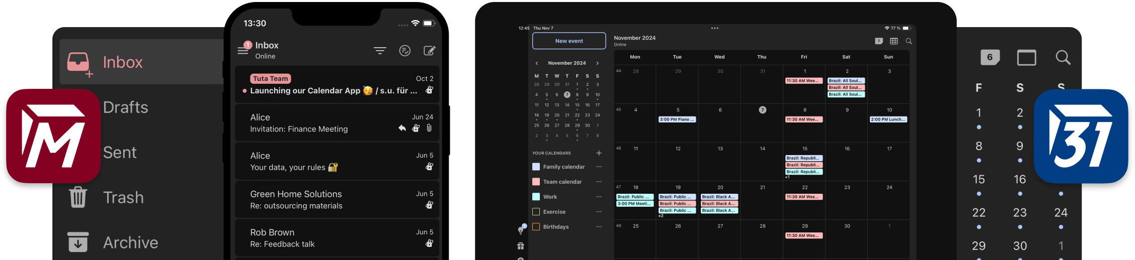 Screenshots of Tuta Mail and Tuta Calendar.