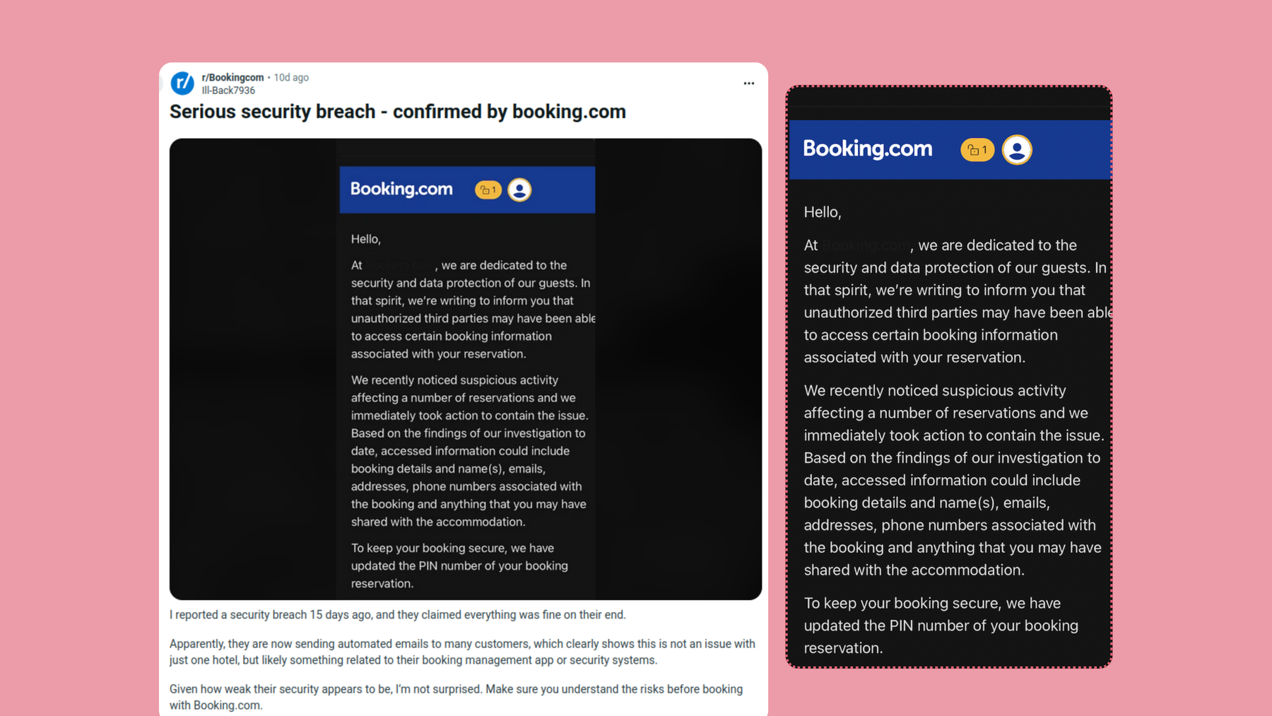 Ein Reddit-Nutzer teilte seine Besorgnis über eine Nachricht, die er von Booking.com erhalten hatte, in der er vor der Datenschutzverletzung gewarnt und darüber informiert wurde, dass seine Reservierungs-Pins aktualisiert wurden.