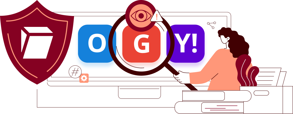 Illustration of a woman holding up a magnifying glass to different applications on a computer screen. In front of the left side of the computer screen is a dark red shield with the Tuta logo.