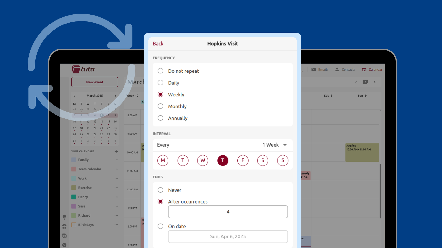 Tuta’s advanced repeat rules give you the freedom to choose how often calendar events repeat.