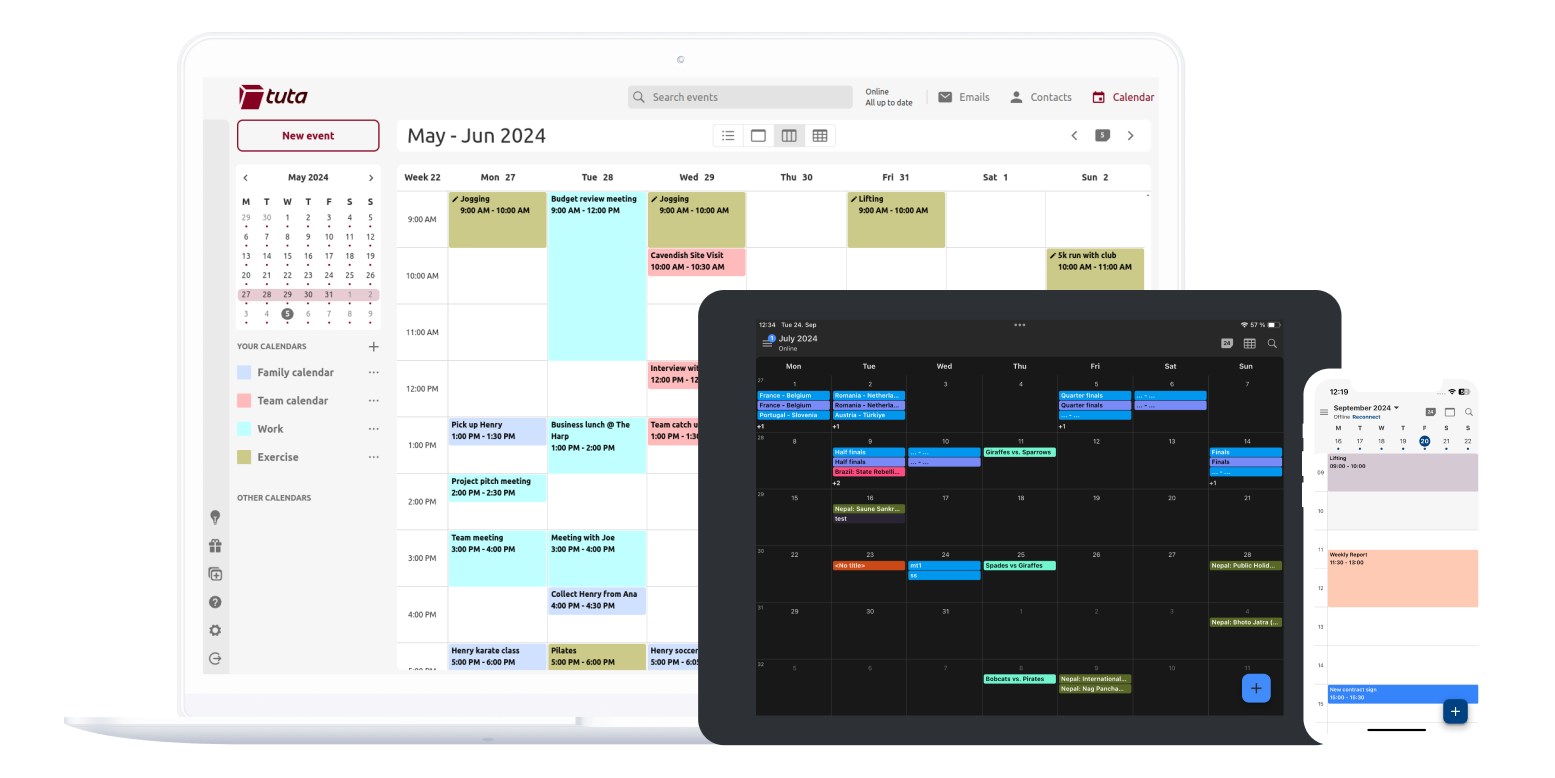 iPad with the Tuta Calendar app open in week view and displaying different scheduled appointments, next to a mobile phone with the Tuta Calendar open in day view and displaying the day's appointments.