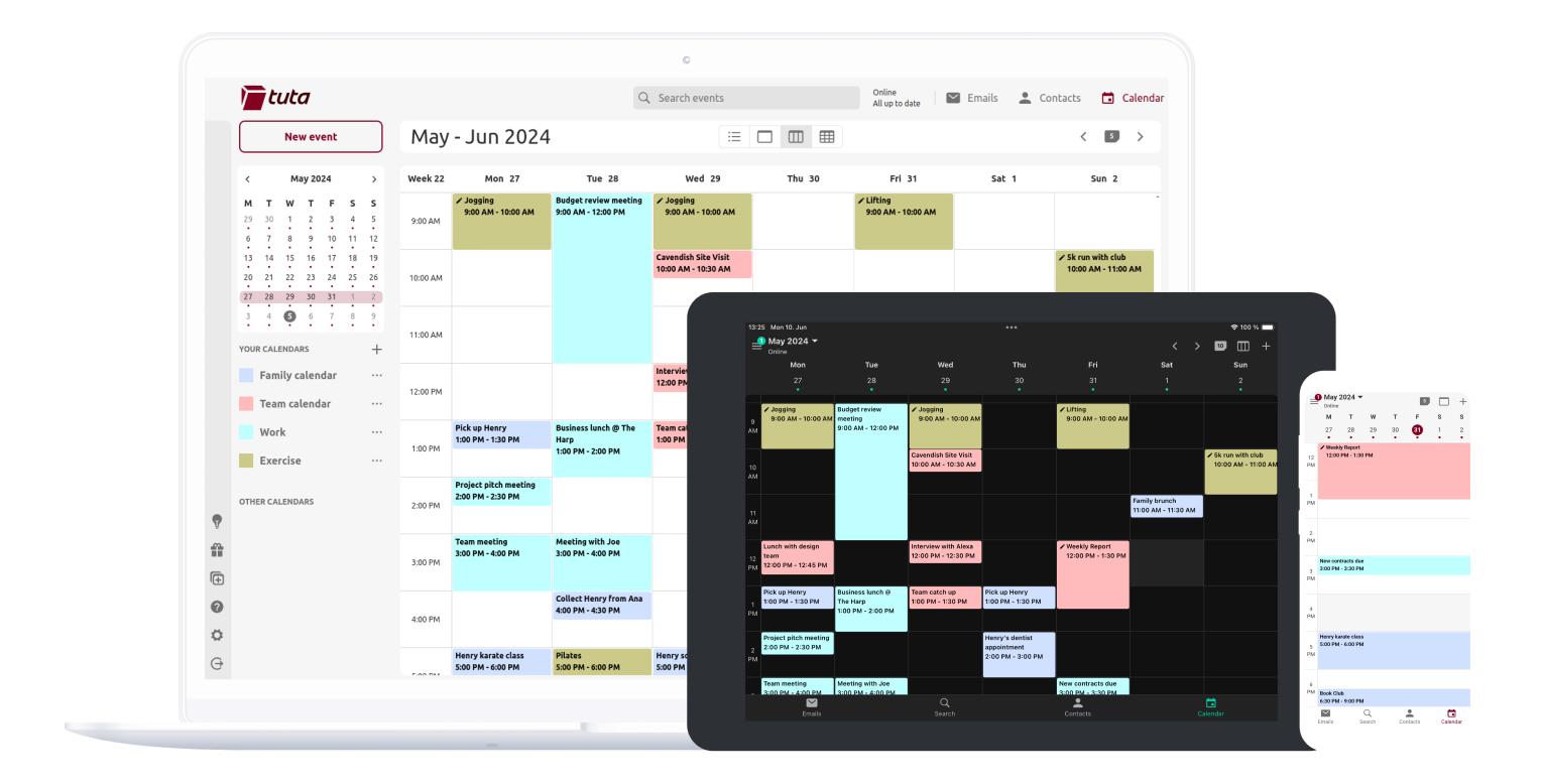 iPad with the Tuta Calendar app open in week view and displaying different scheduled appointments, next to a mobile phone with the Tuta Calendar open in day view and displaying the day's appointments.