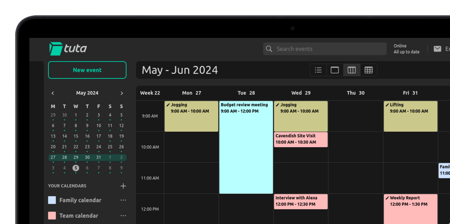 Laptop screen showing the Tuta Calendar in week view with different appointments scheduled.